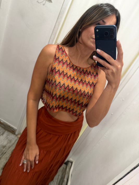 TOP CROP ZIG ZAG ARANCIO ROSSO MARRONE