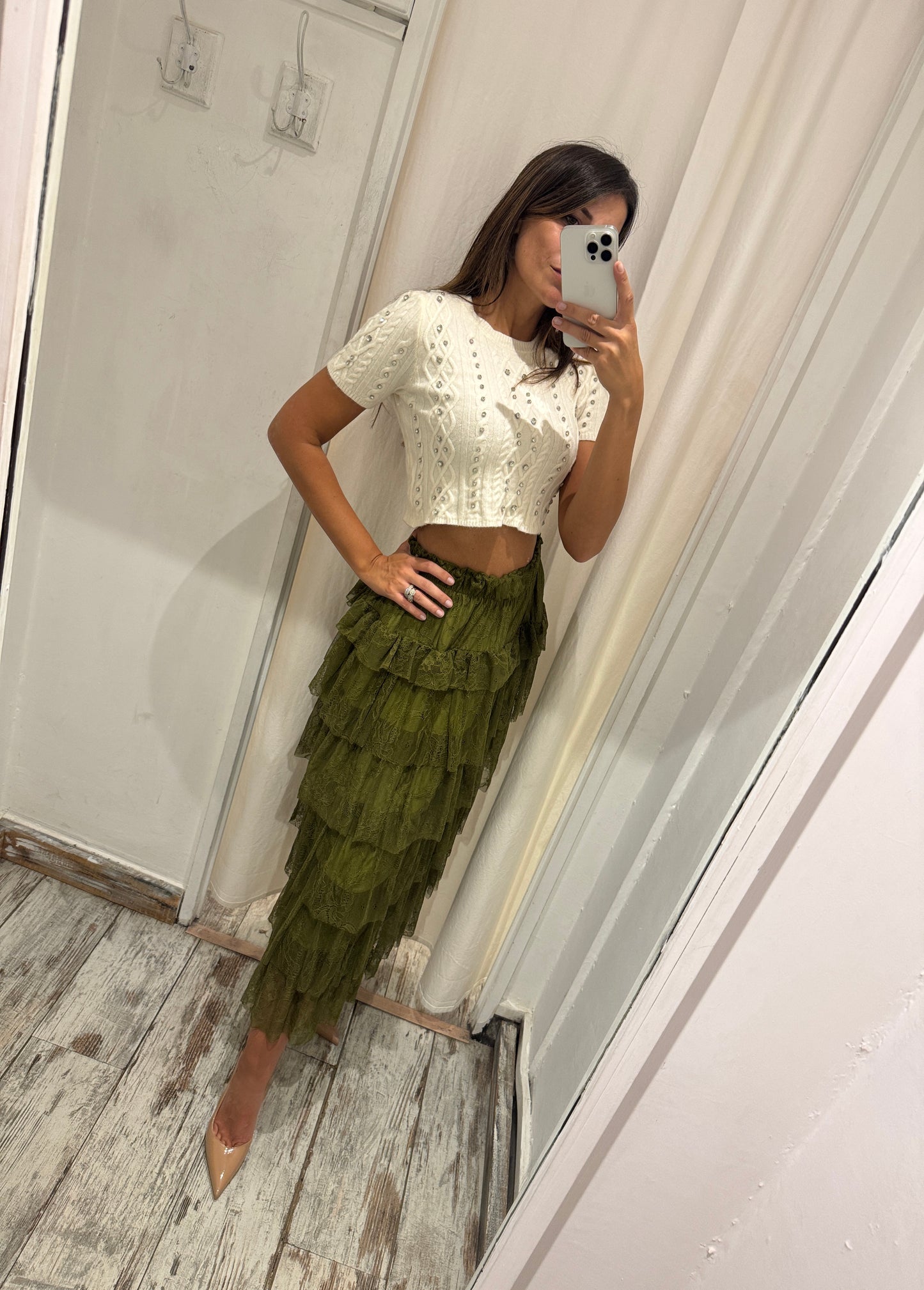 GONNA MIDÌ IN PIZZO CON BALZE VERDE MILITARE