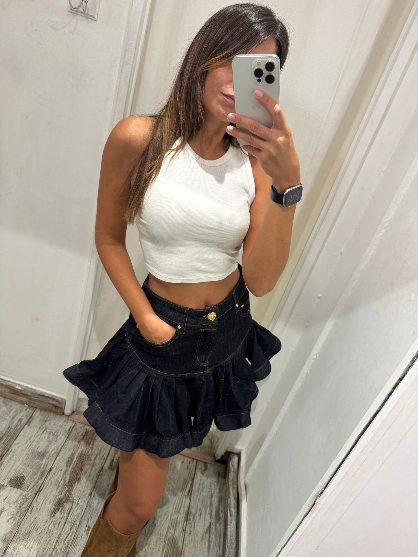 GONNA CORTA VOLANT DENIM SCURO