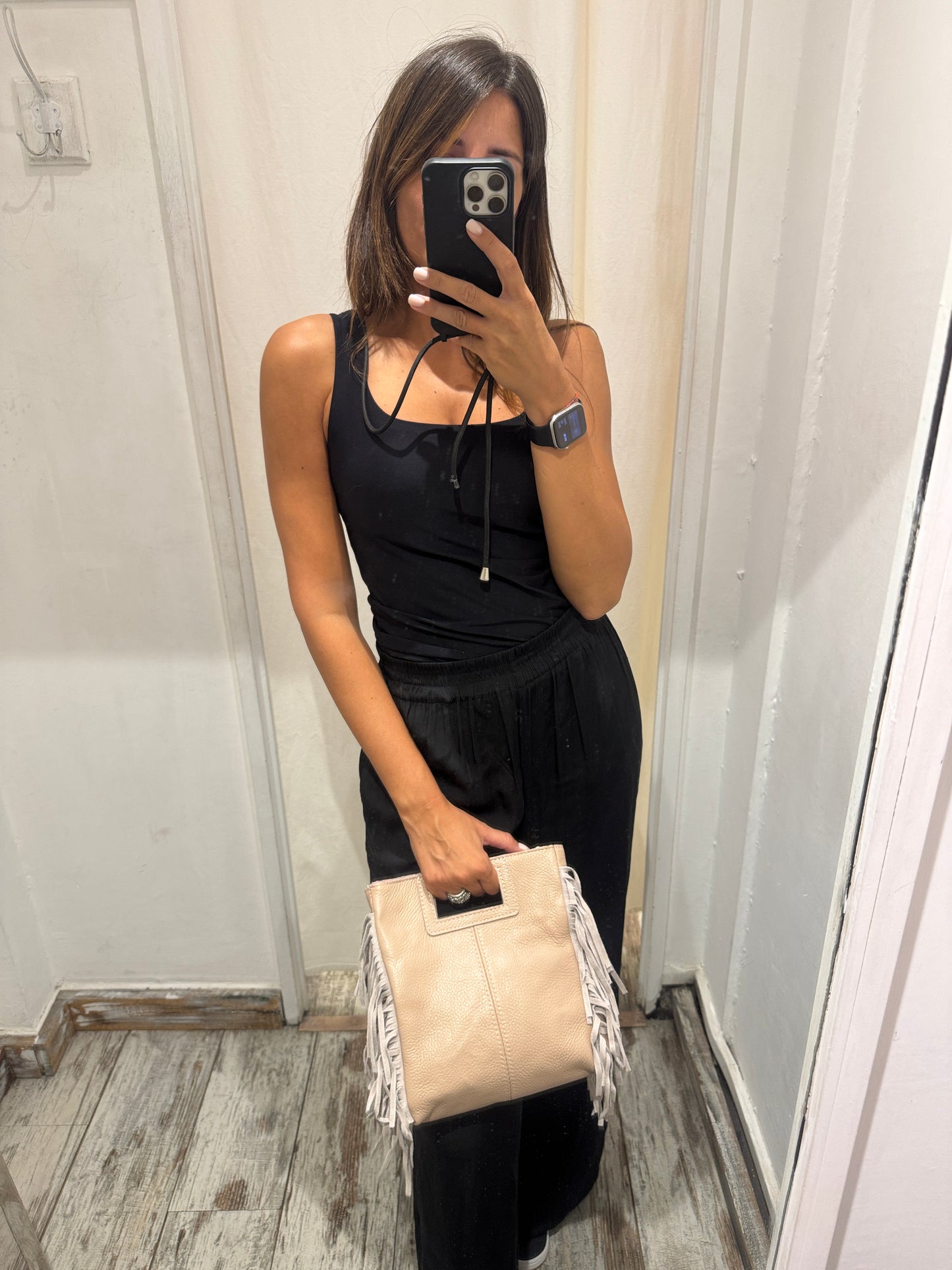 BORSA CUBE IN PELLE CIPRIA CON FRANGE