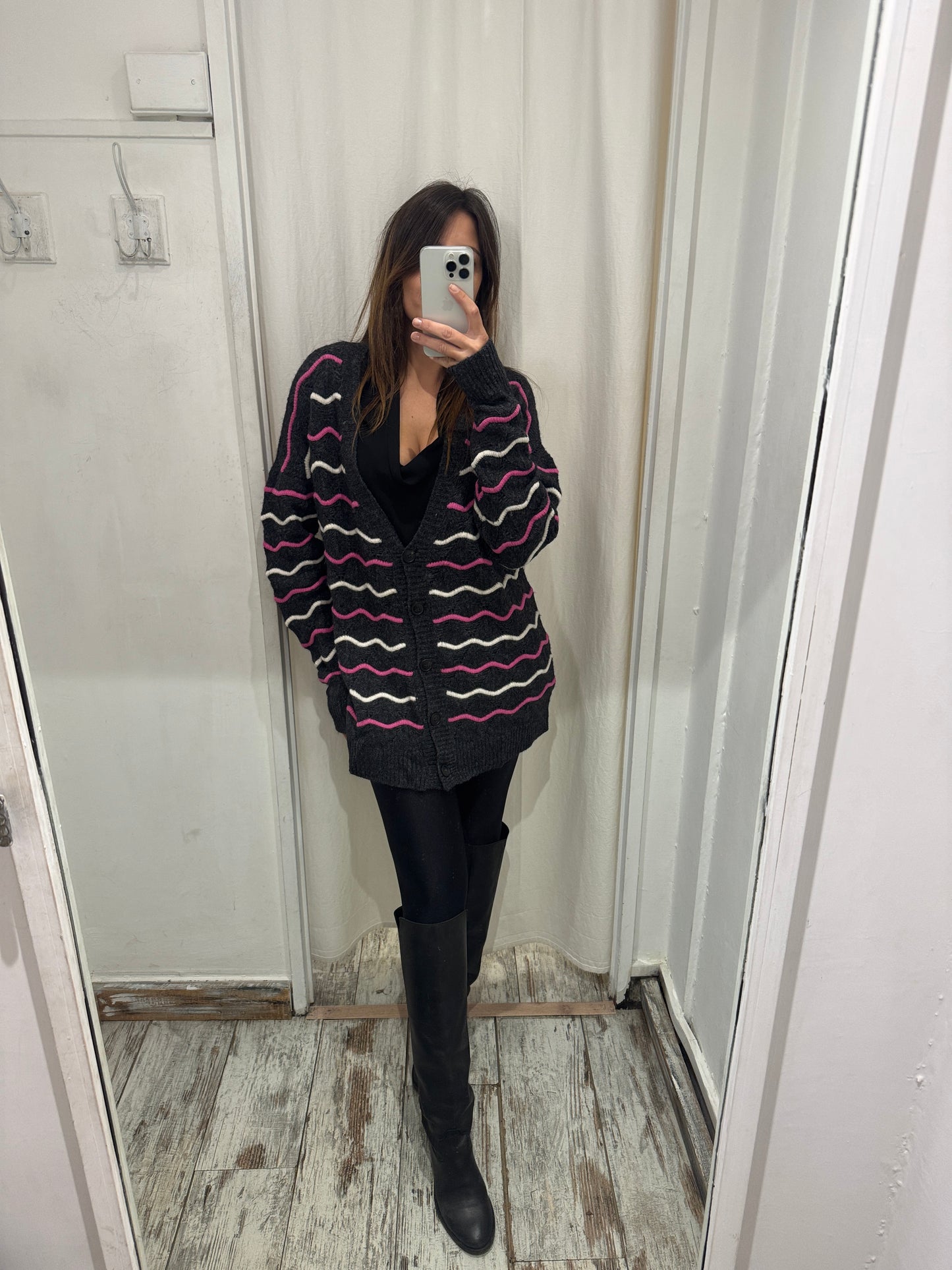CARDIGAN SUOLI ANTRACITE RIGHE FUCSIA E PANNA