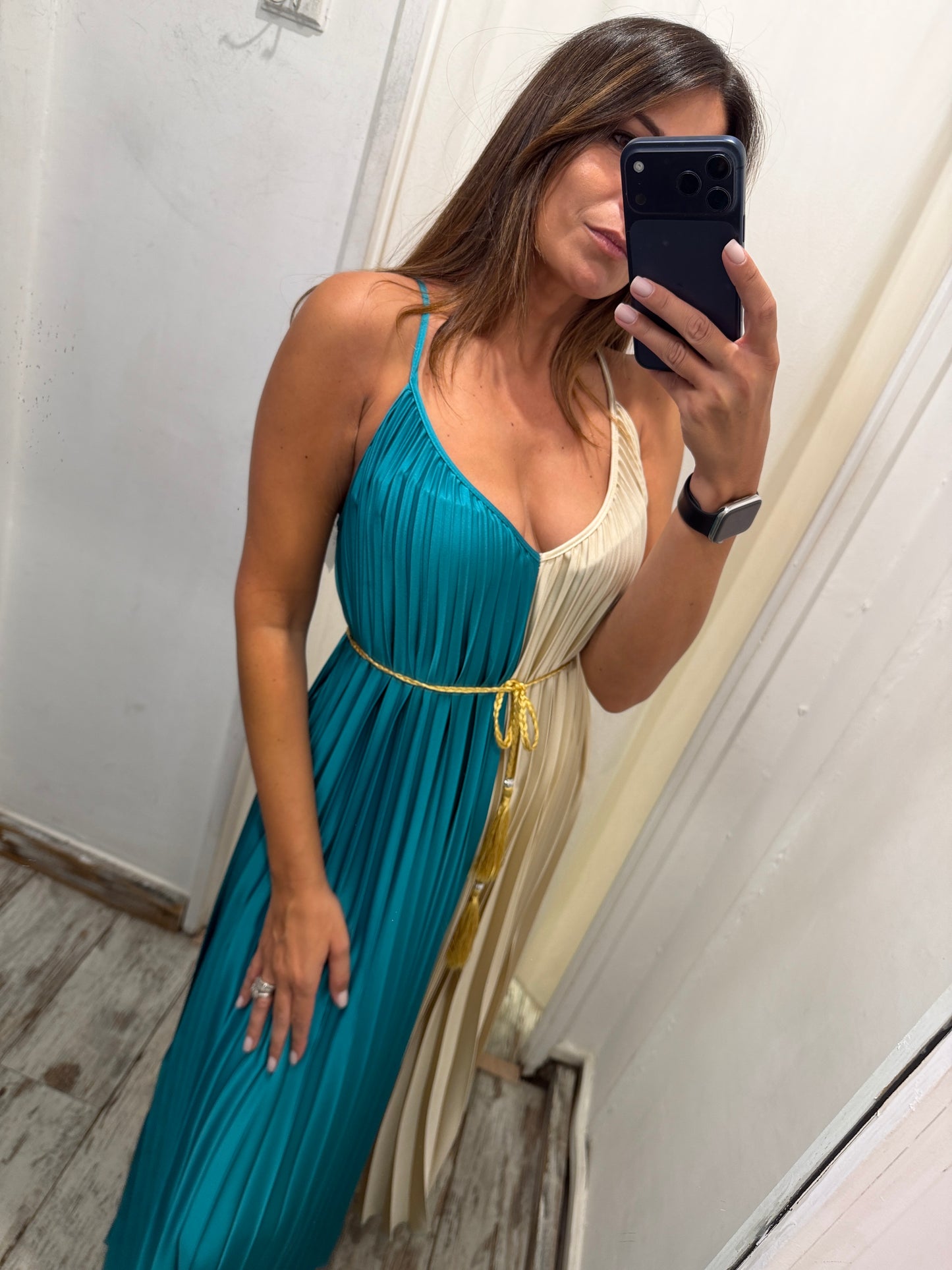 ABITO LUNGO MAELI BEIGE E PETROLIO
