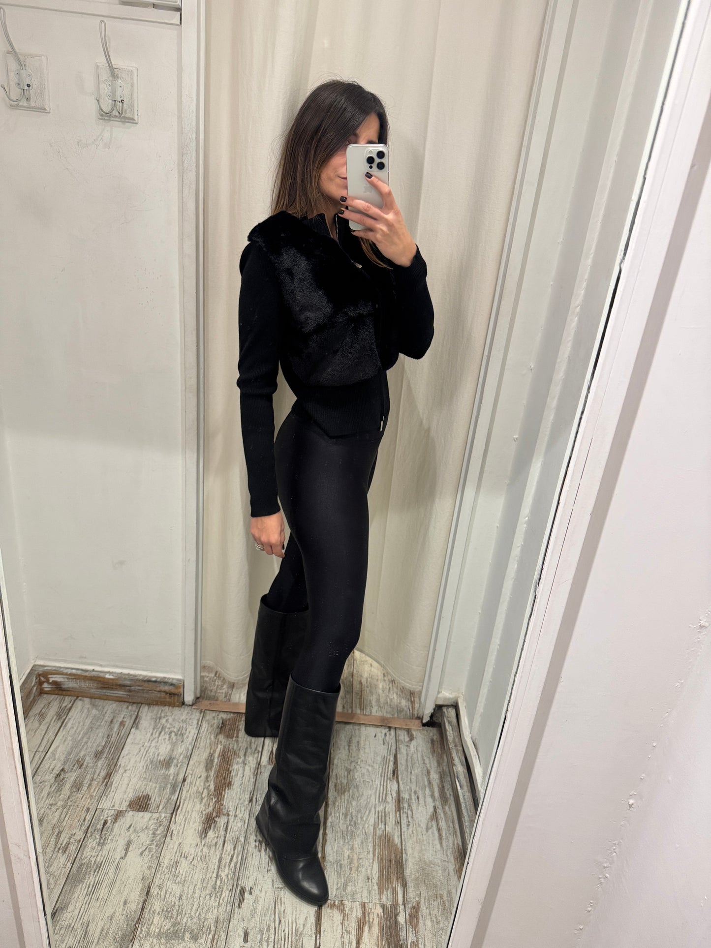 CARDIGAN ZIP ECOPELLICCIA NERO