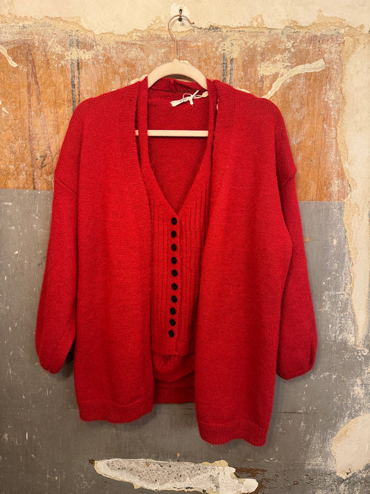 TWIN SET TOP E CARDIGAN ROSSO BOTTONI