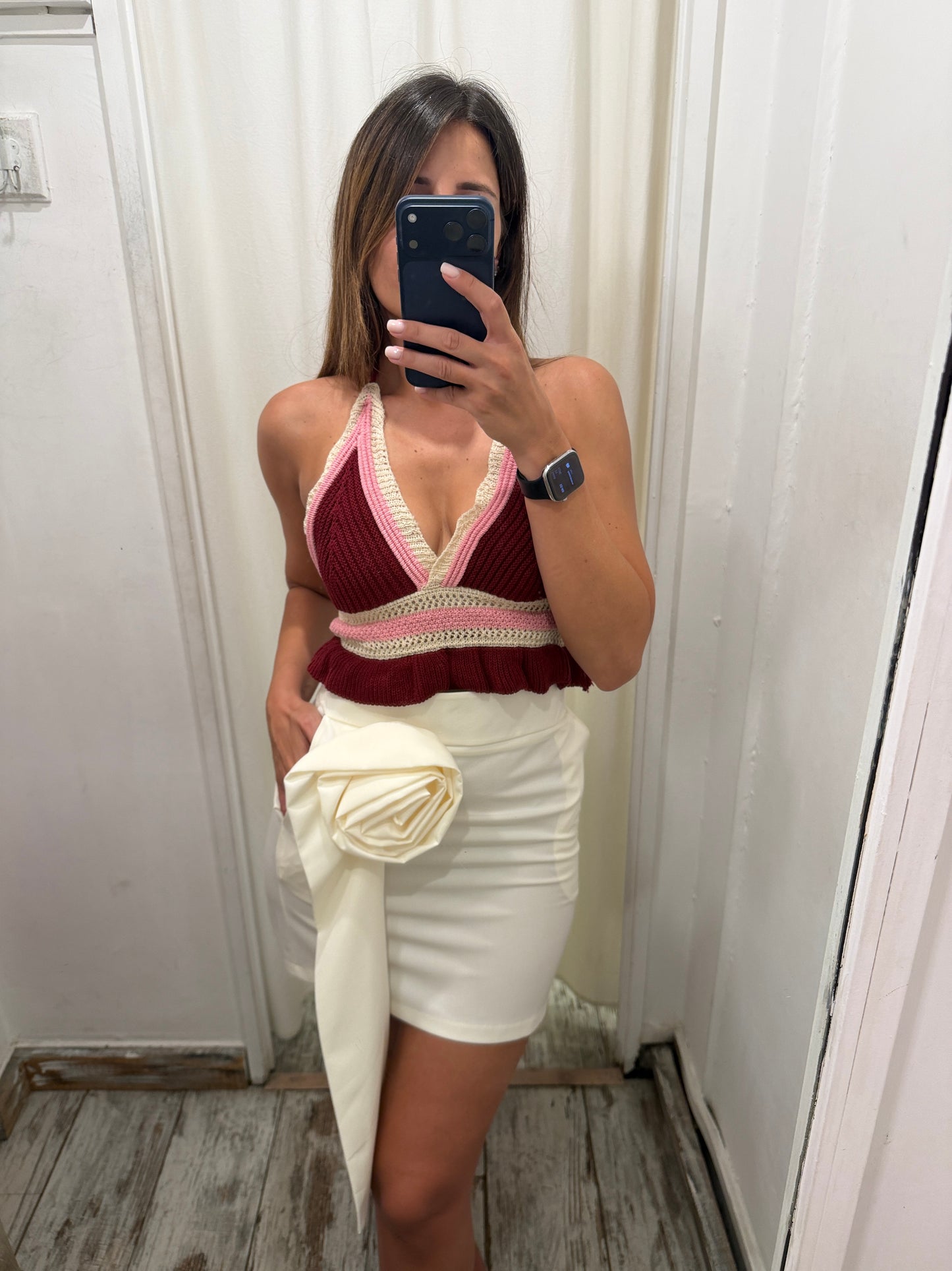 CROP TOP CROCHET BORDEAUX E ROSA