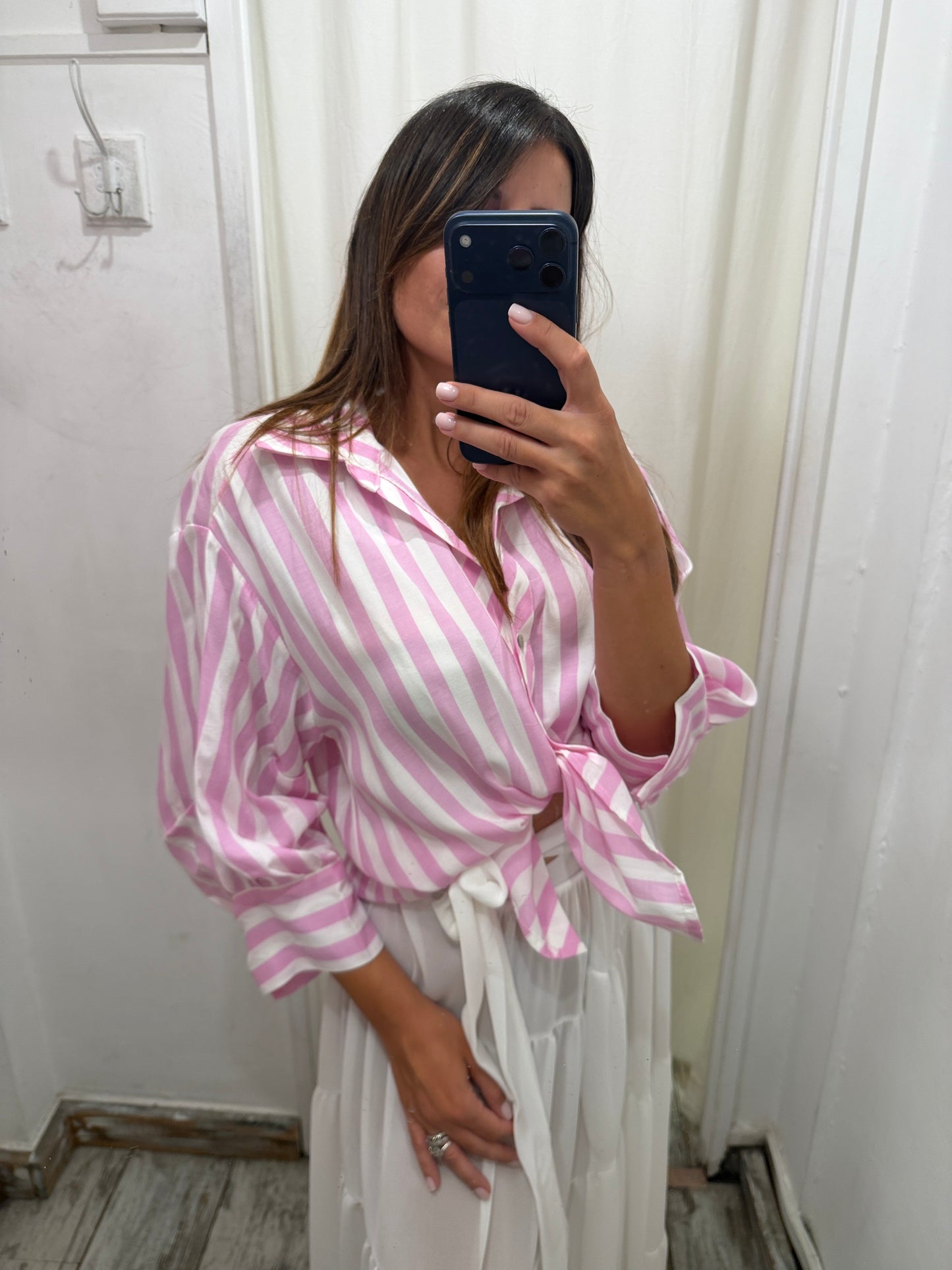 CAMICIA OVER RIGHE BIANCO E ROSA