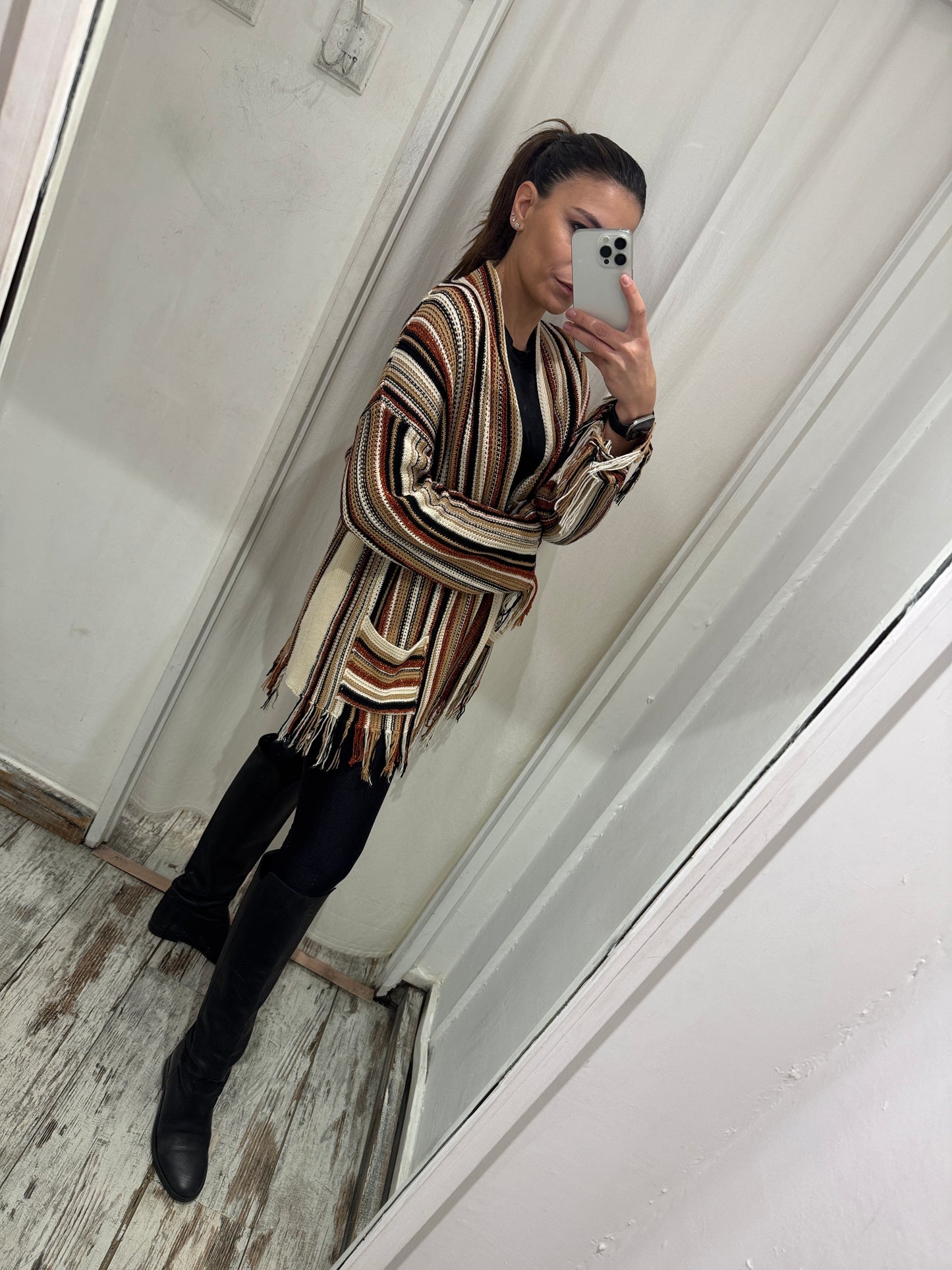 NEW COLLECTION - CARDIGAN KAOS RIGHE PANNA NERO E ARANCIO LUREX