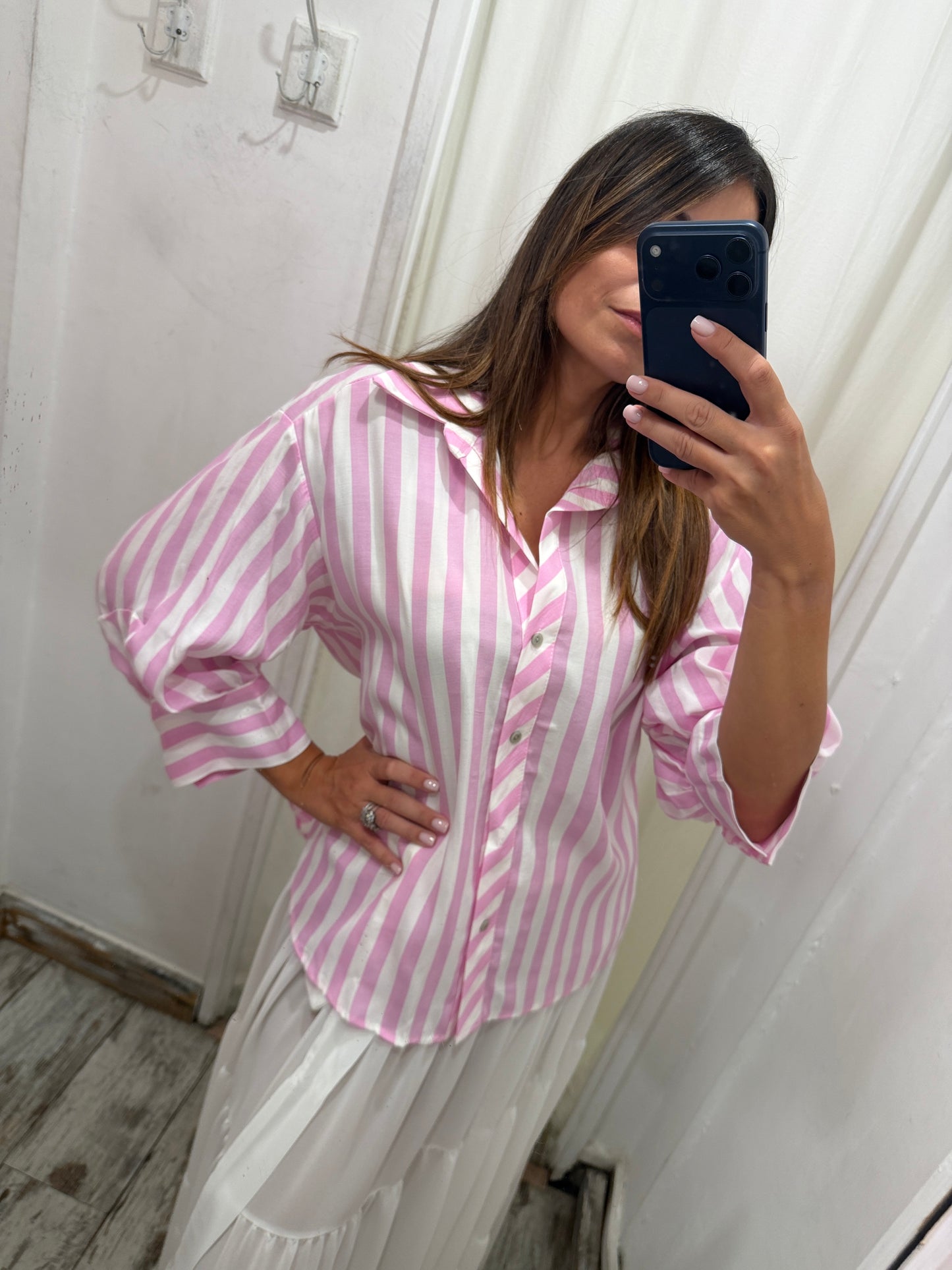CAMICIA OVER RIGHE BIANCO E ROSA