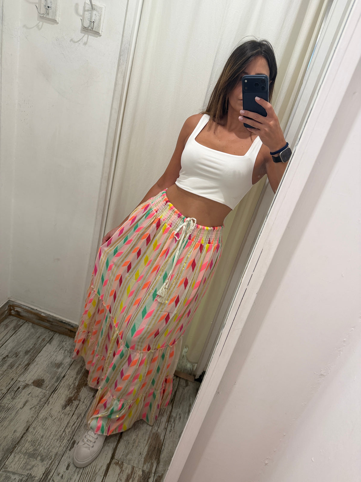 GONNA LUNGA BIANCA FANTASIA MULTICOLORE FLUO