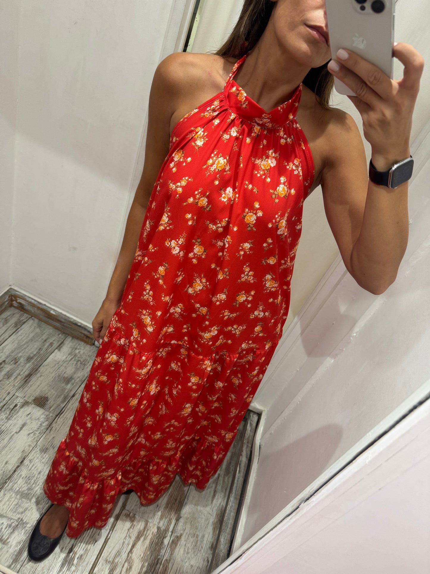 ABITO LUNGO ROSSO FLOREALE HALTER