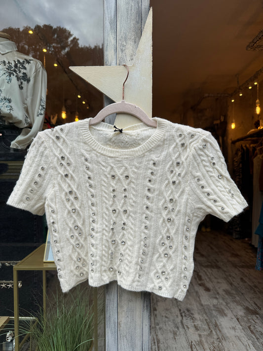 MAGLIA CROP PANNA CON PIETRE