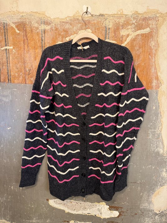 CARDIGAN SUOLI ANTRACITE RIGHE FUCSIA E PANNA