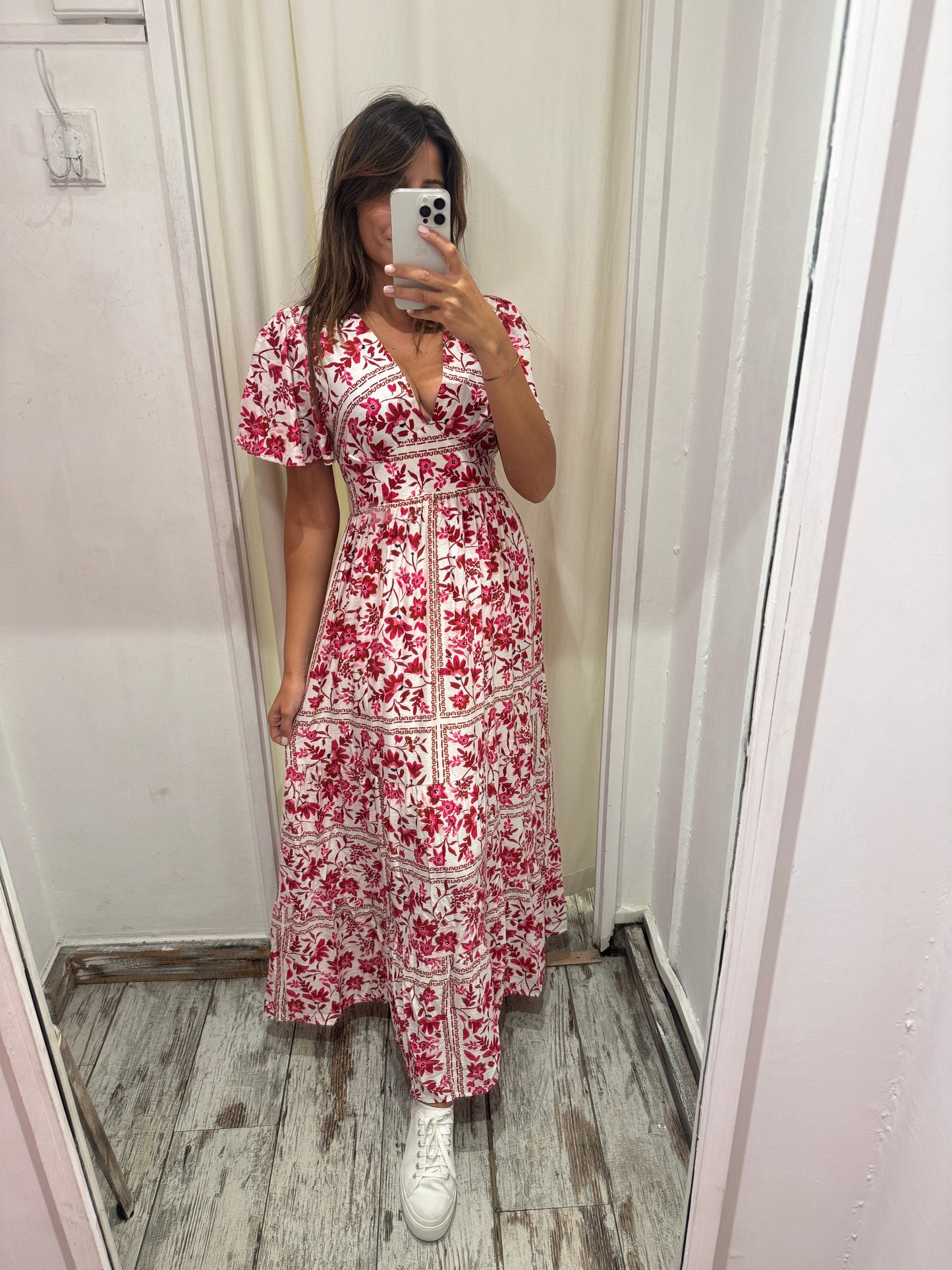 ABITO LUNGO BIANCO FIORI BORDEAUX