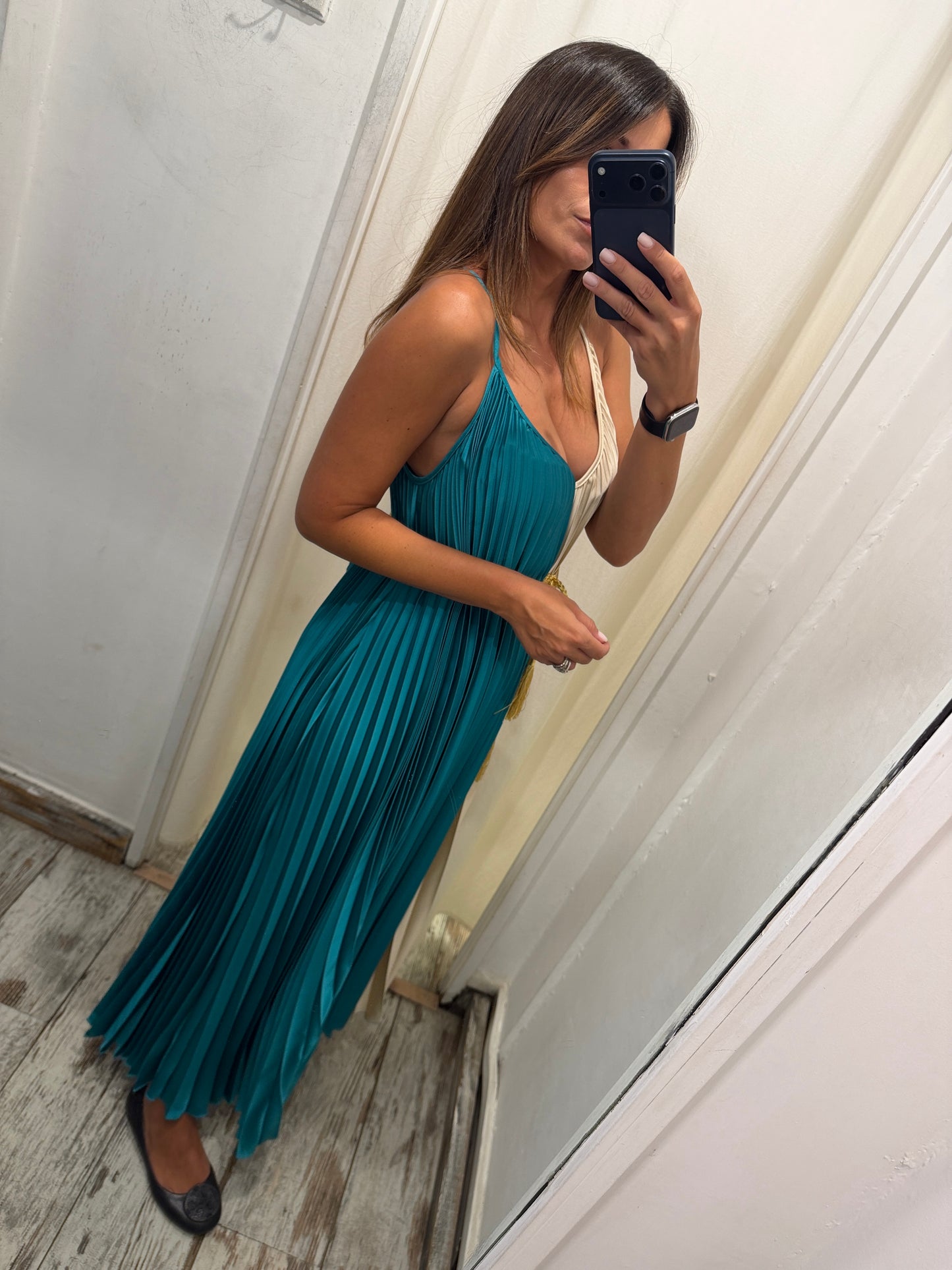 ABITO LUNGO MAELI BEIGE E PETROLIO