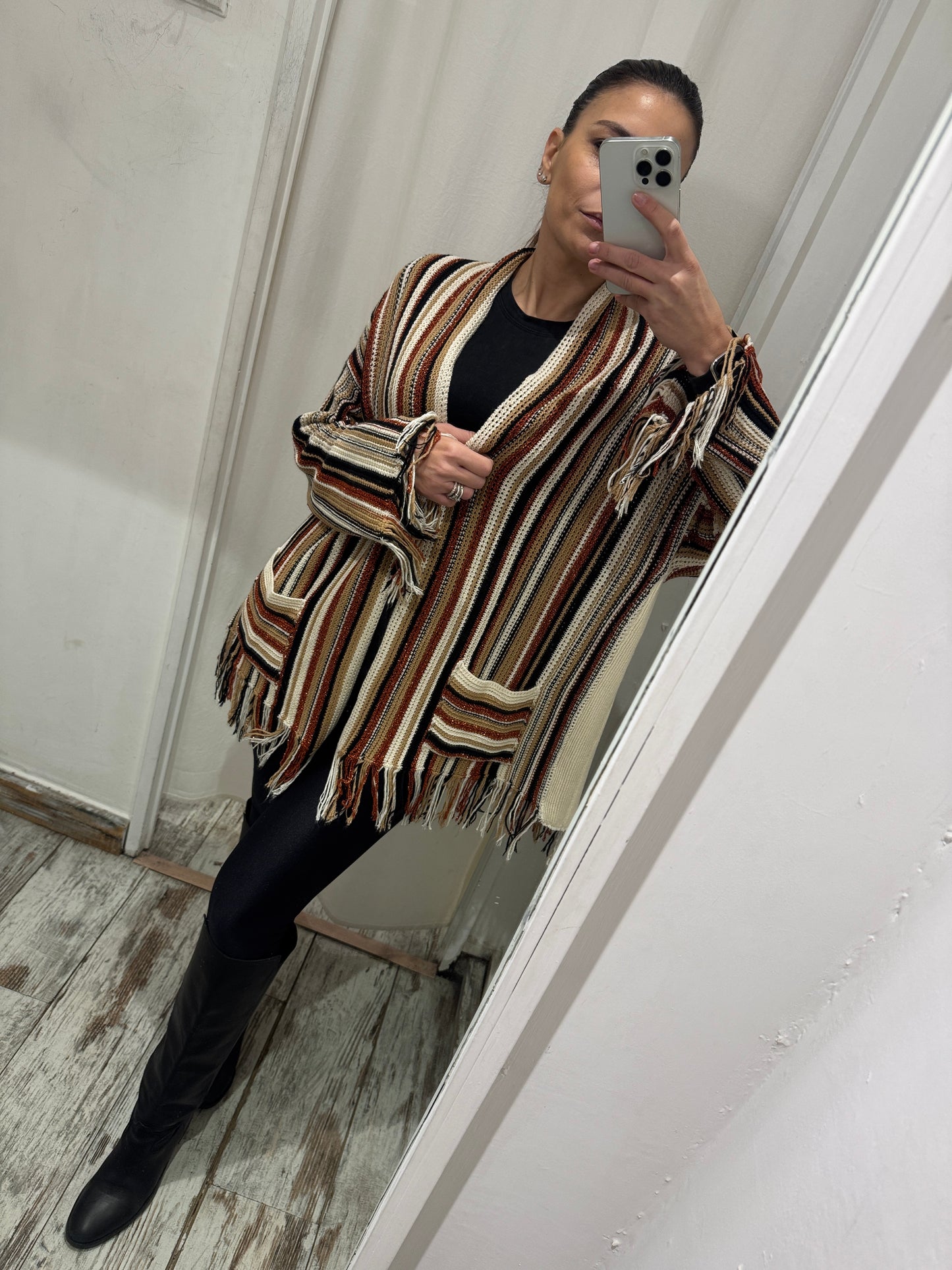 NEW COLLECTION - CARDIGAN KAOS RIGHE PANNA NERO E ARANCIO LUREX