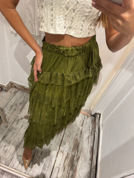 GONNA MIDÌ IN PIZZO CON BALZE VERDE MILITARE