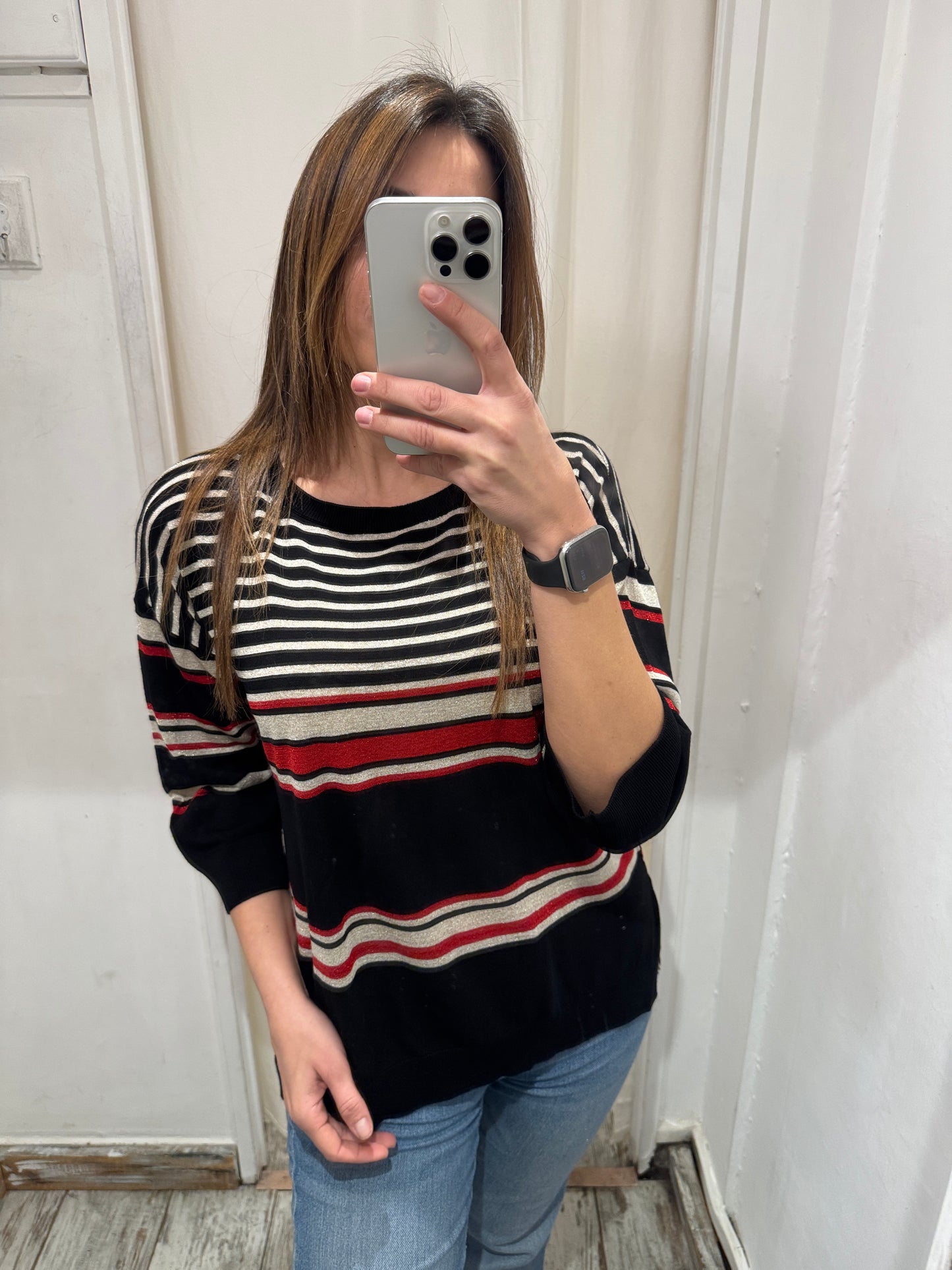 NEW COLLECTION - MAGLIA KAOS LUREX NERO PANNA E ROSSO