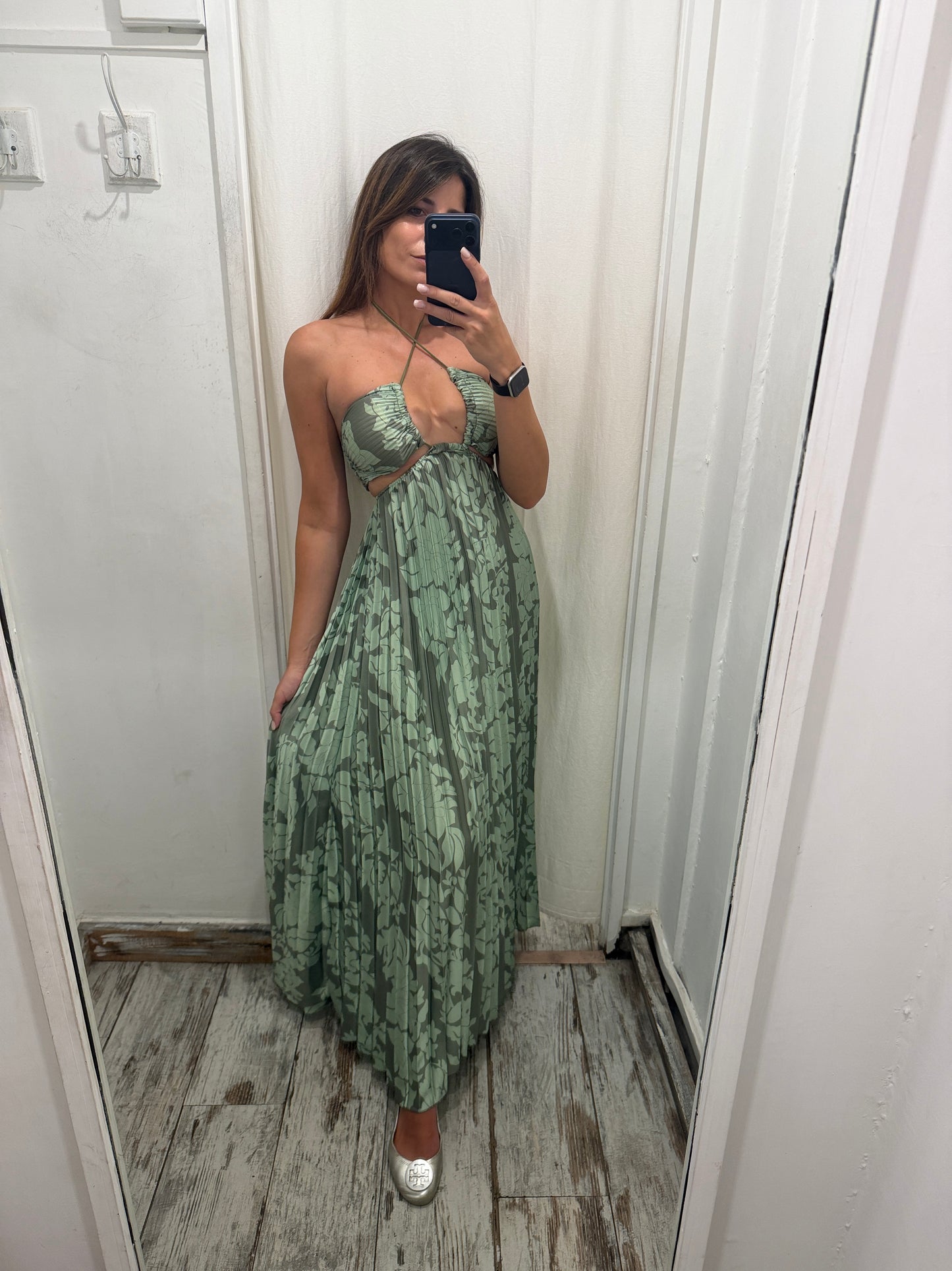 ABITO CUT OUT VERDE MILITARE PLISSÈ