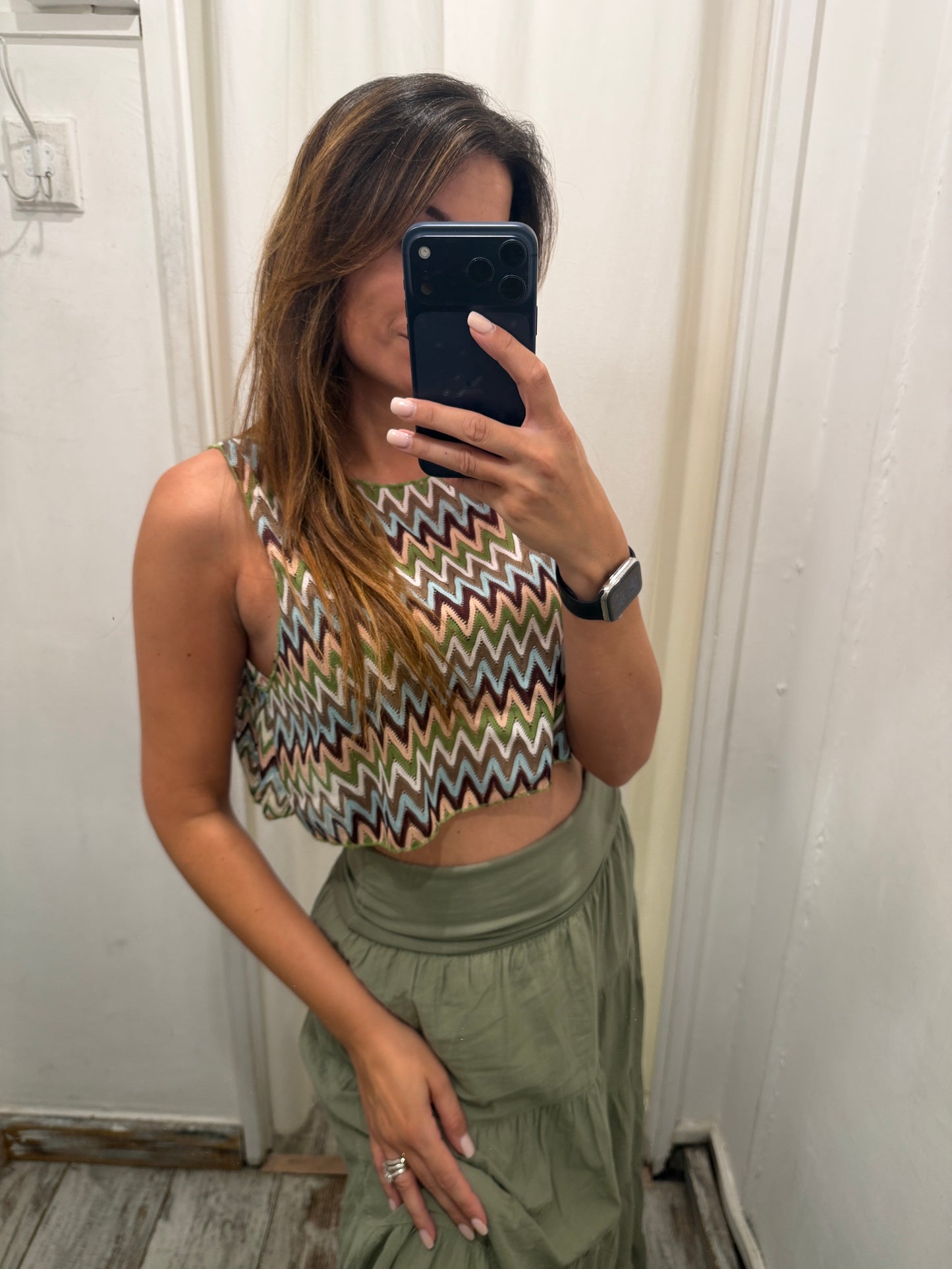 TOP CROP ZIG ZAG VERDE ROSA BORDEAUX E CELESTE