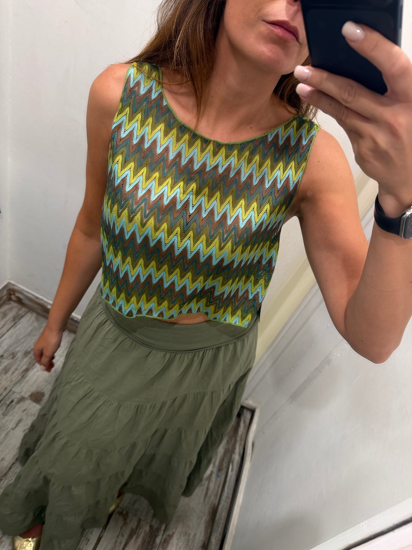 TOP CROP ZIG ZAG VERDE MARRONE E CELESTE