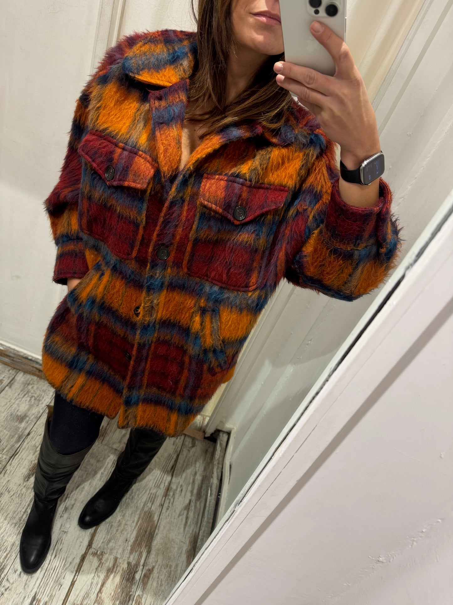GIACCA CAMICIA ATTIC&BARN CHECK ARANCIO E BORDEAUX