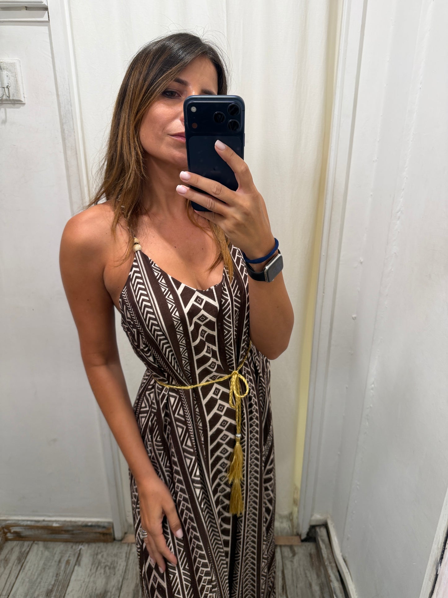 ABITO LUNGO MARRONE FANTASIA ETNICA SABBIA