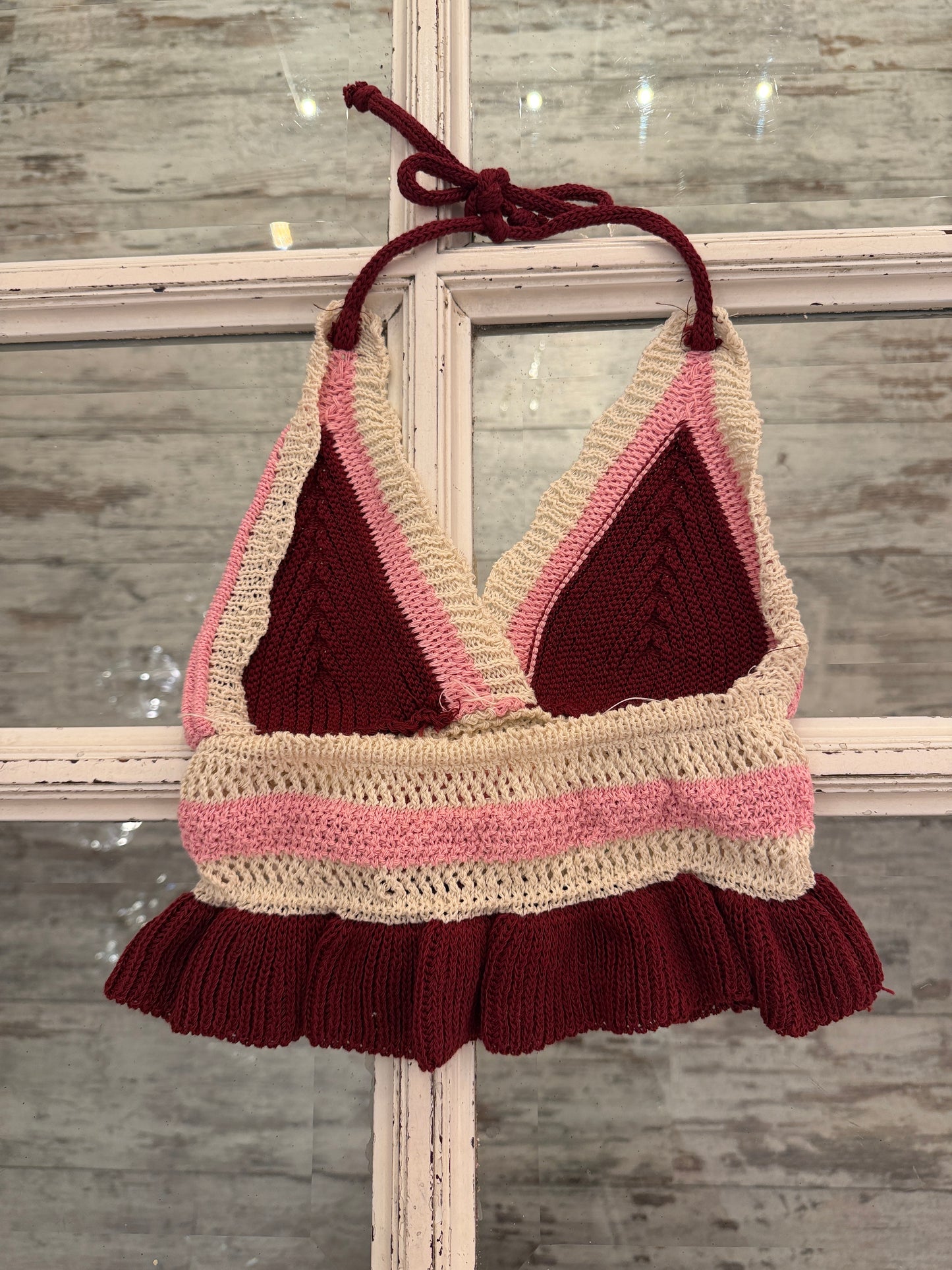 CROP TOP CROCHET BORDEAUX E ROSA