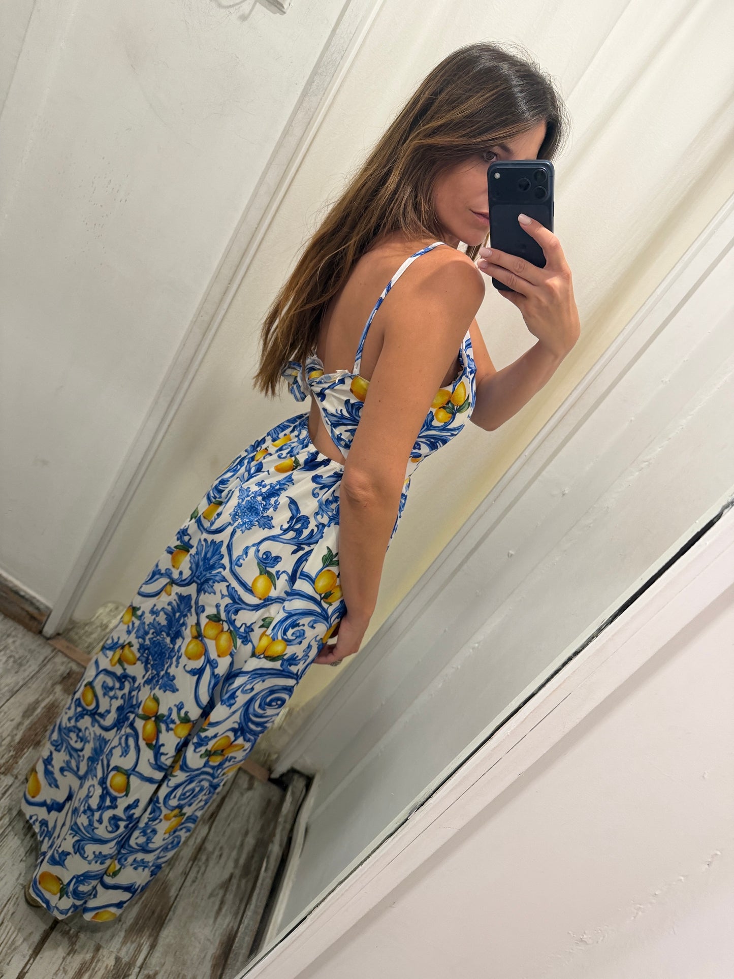 ABITO LUNGO CAPRI FANTASIA BIANCO E AZZURRO CON LIMONI