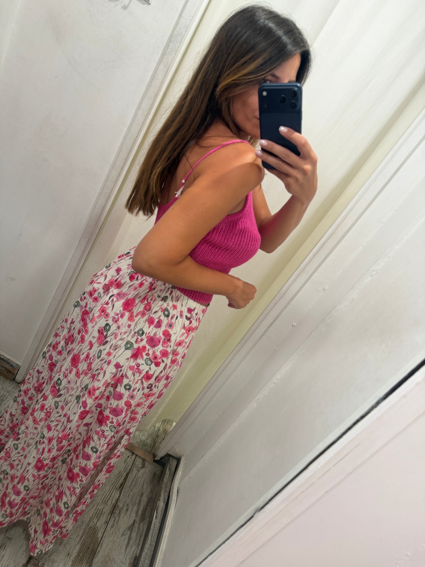 GONNA LONGUETTE BIANCA FIORI FUCSIA