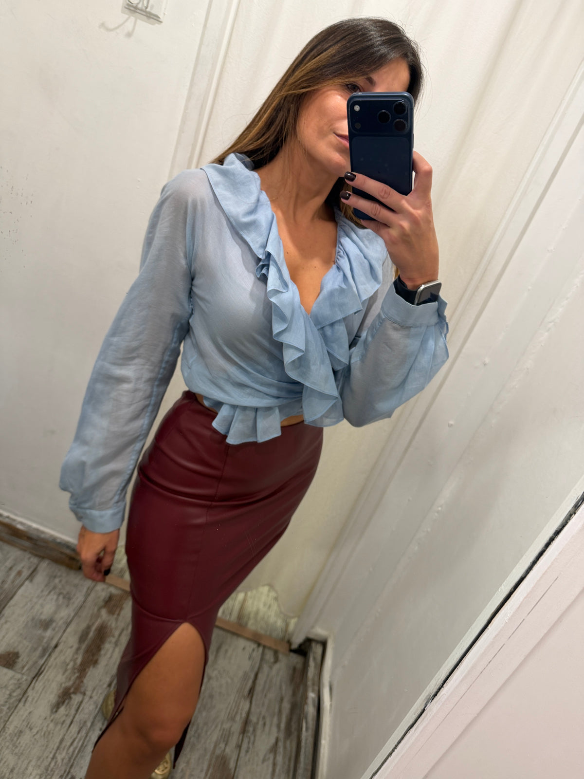BLUSA SALVATORE FERRAGAMO A PORTAFOGLIO CELESTE ROUCHES