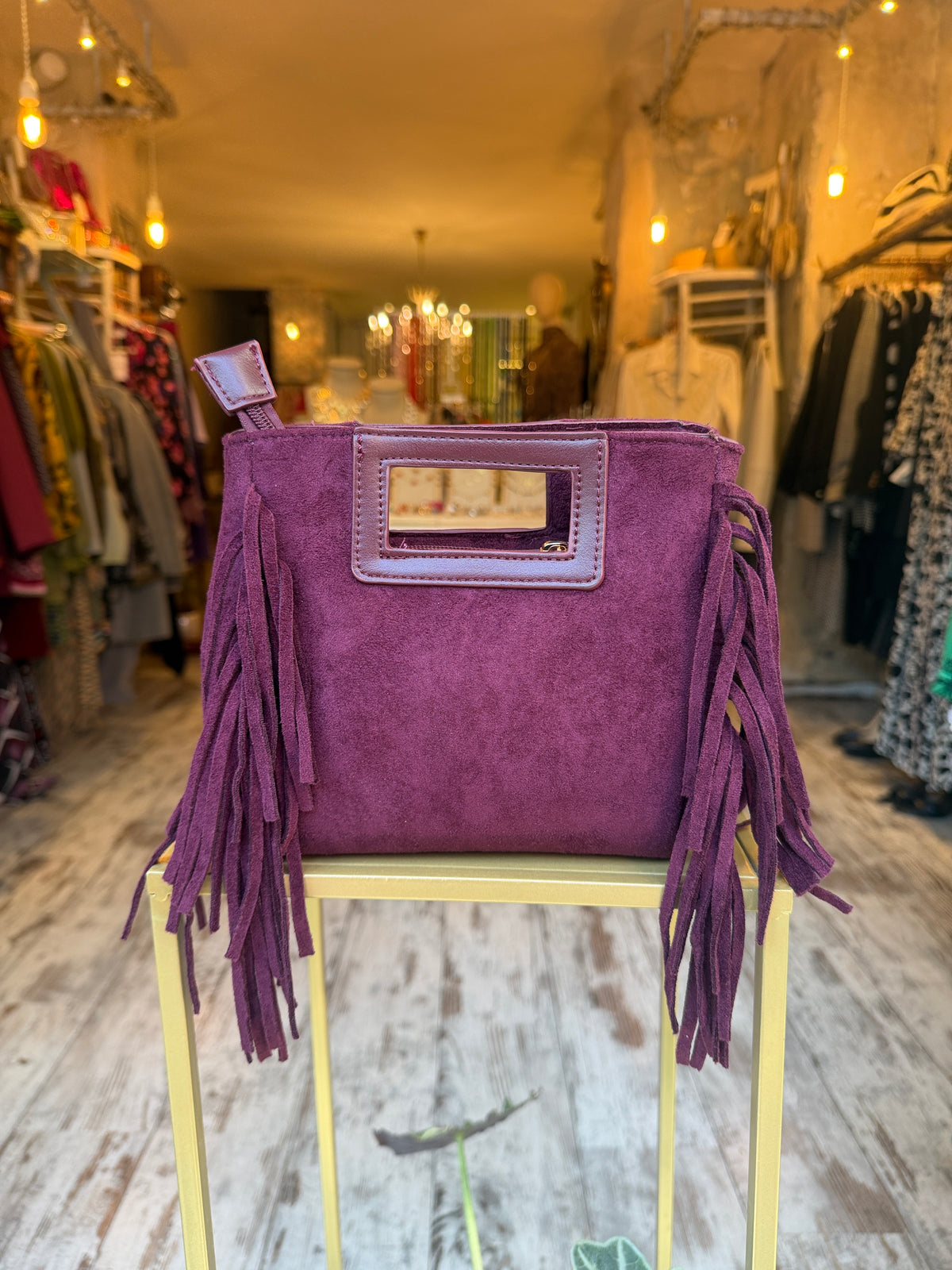 MINI BAG QUADRATA CON FRANGE BORDEAUX