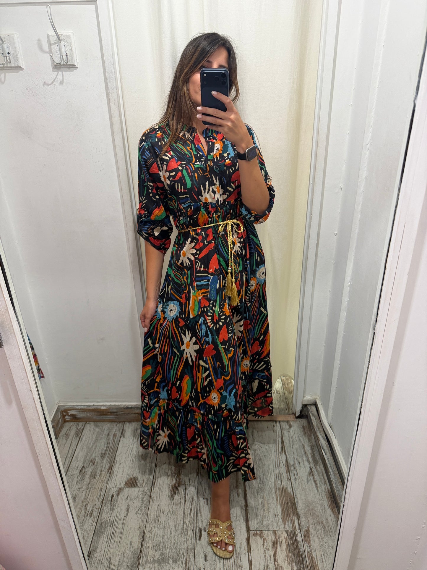 ABITO COTONE NERO MULTICOLORE