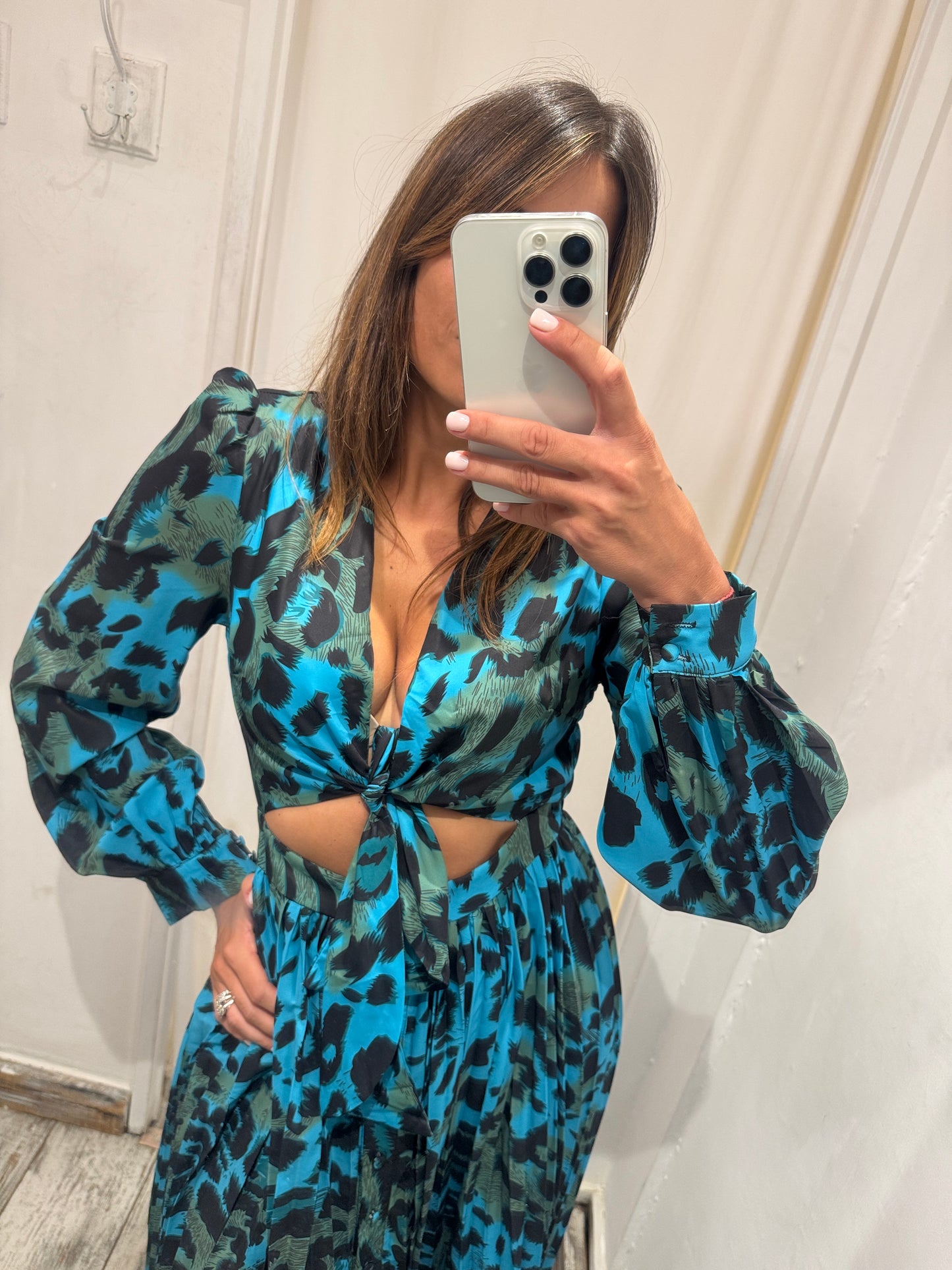 ABITO LUNGO CUT OUT ANIMALIER TURCHESE
