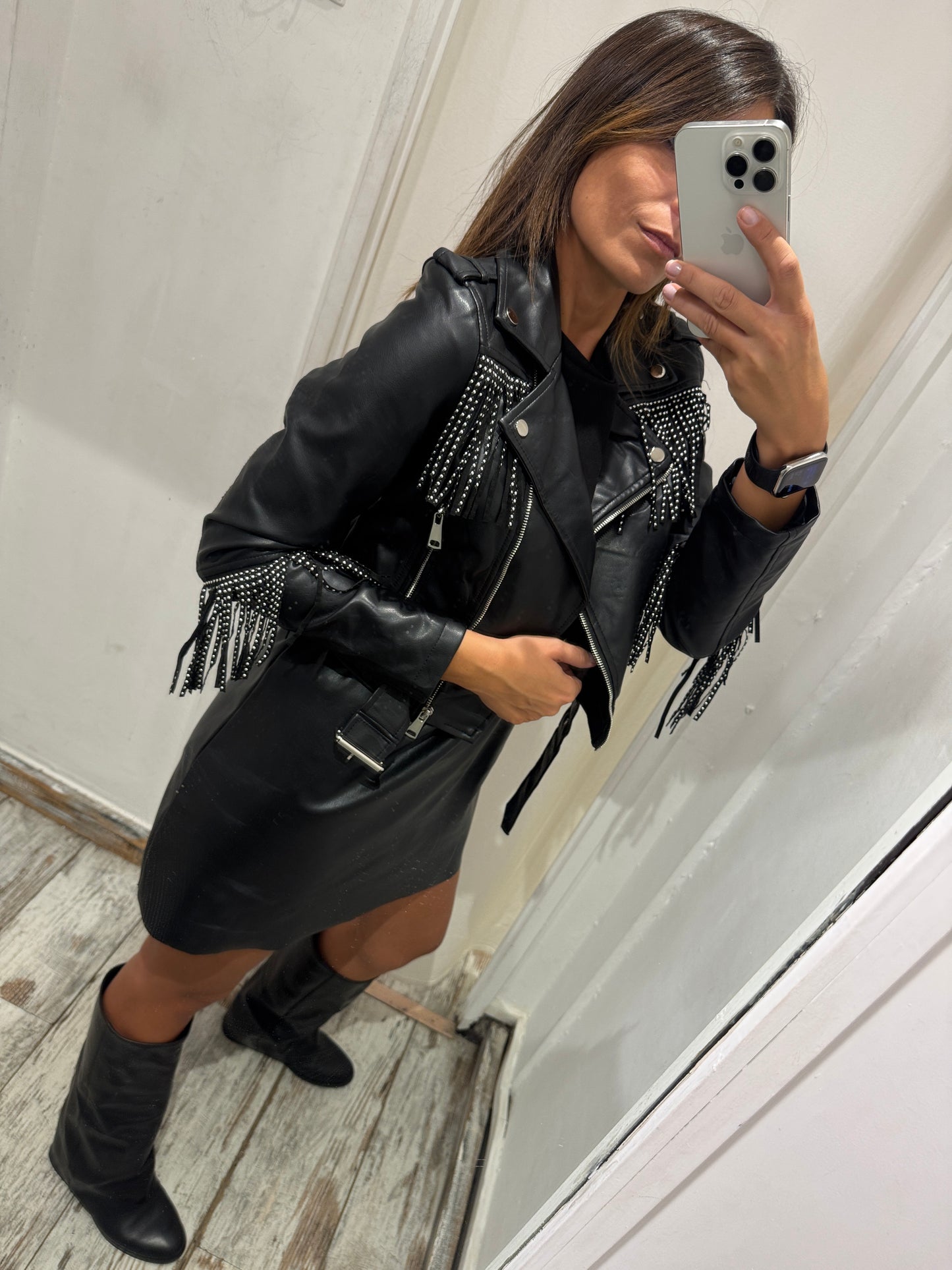GIUBBINO ECOPELLE FRANGE NERO