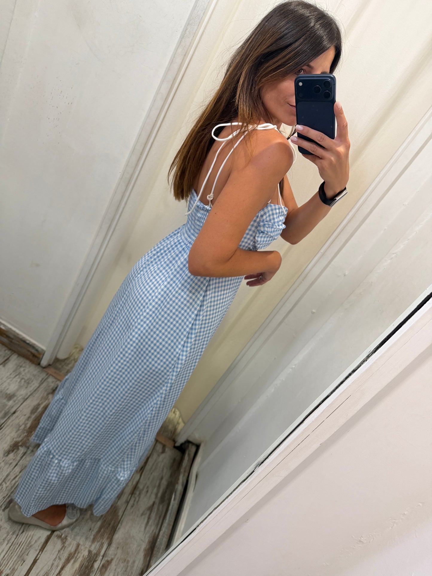 ABITO LUNGO VICHY CELESTE