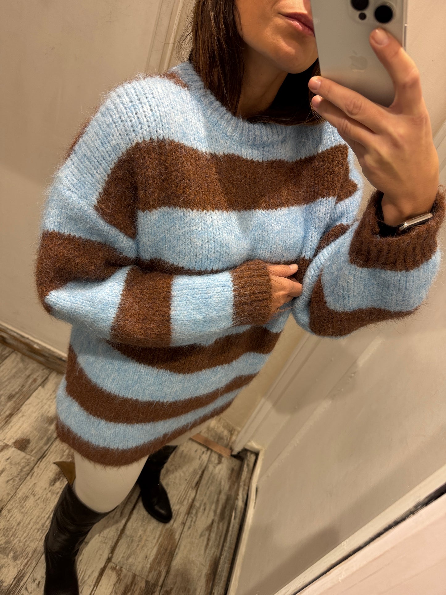 MAGLIA LUNGA A RIGHE CELESTE E MARRONE
