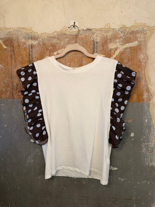 NEW COLLECTION - T-SHIRT BIANCA CON VOLANT MARRONE POIS CELESTE