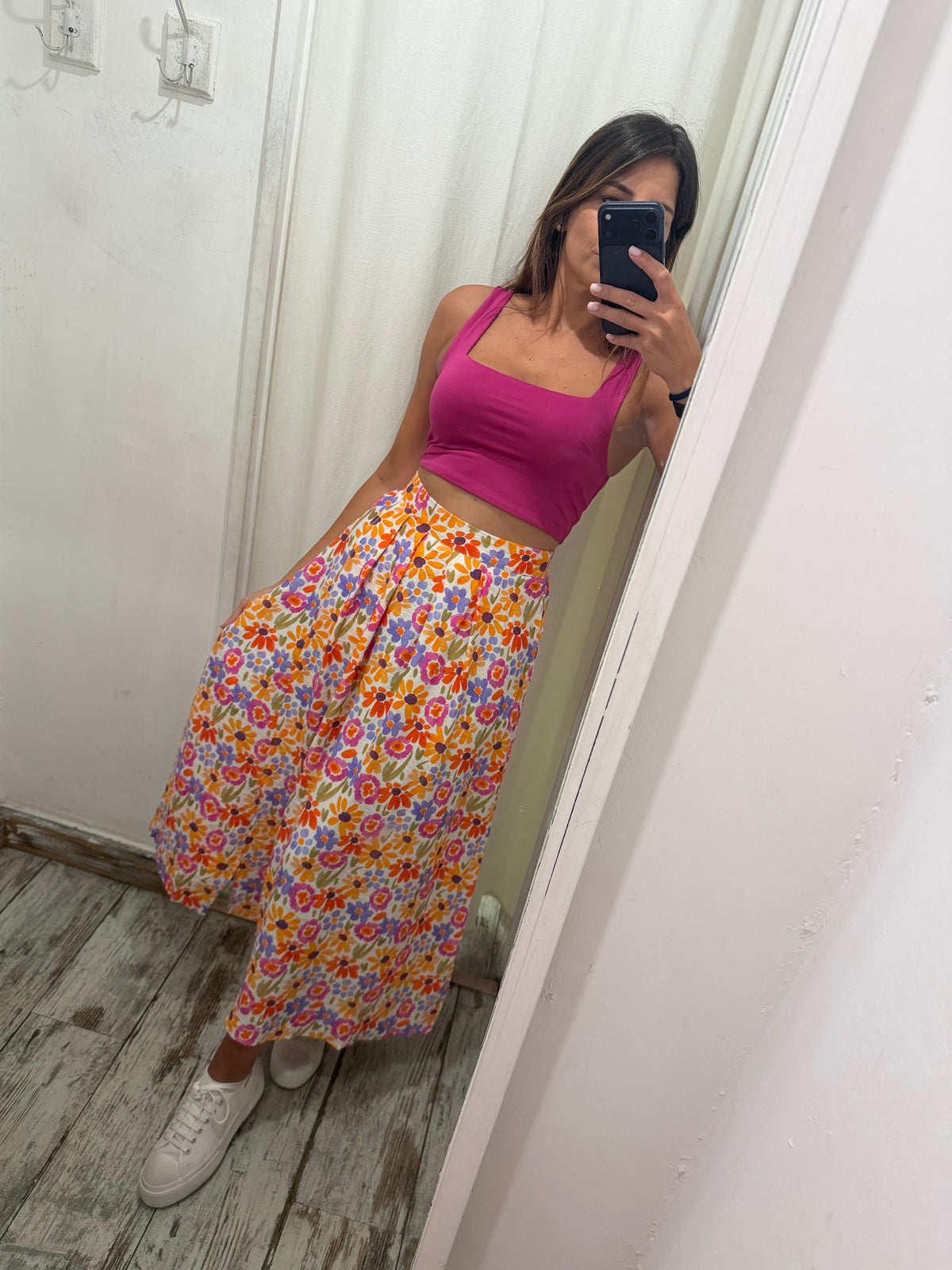 GONNA LONGUETTE BIANCA FIORI MULTICOLORE SPACCO