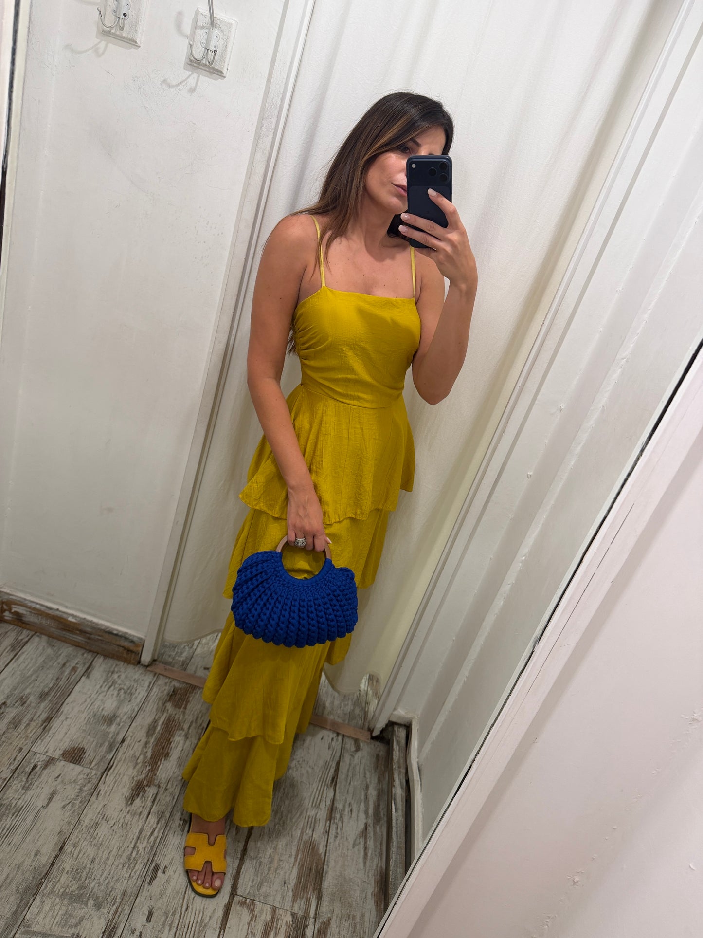 BORSA CROCHET BLU ELETTRICO MANICI LEGNO