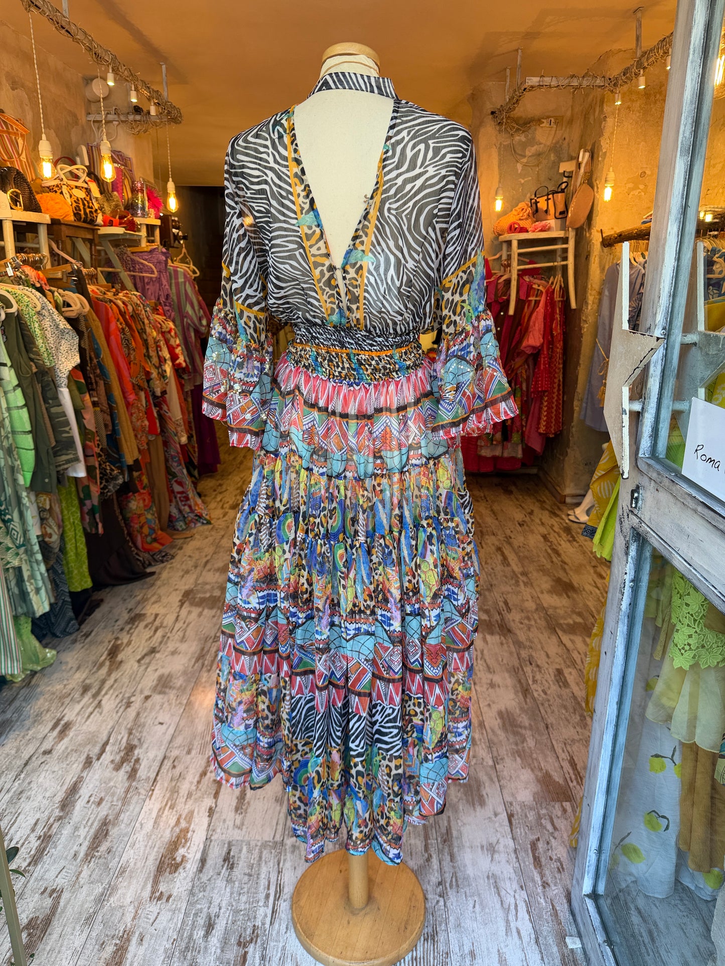 ABITO ANTICA SARTORIA ASIMMETRICO ANIMALIER MULTICOLORE