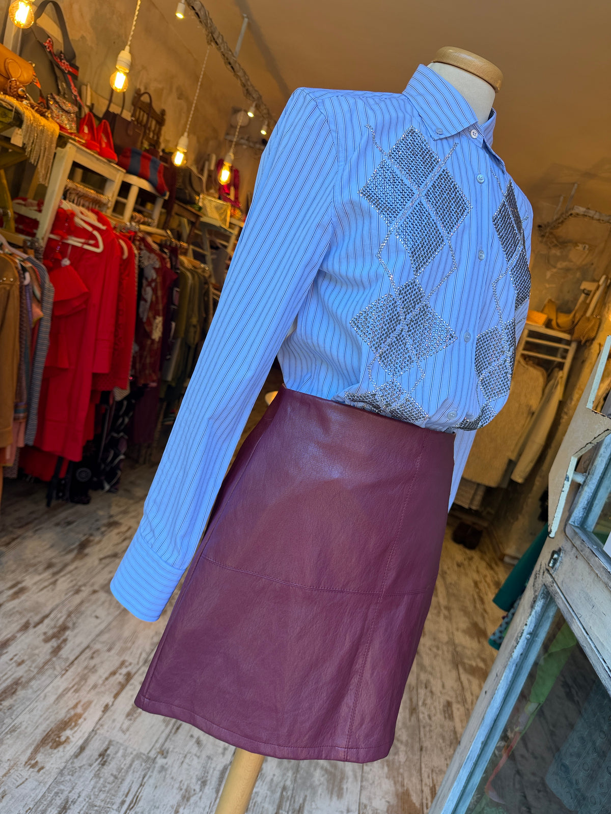 CAMICIA ERMANNO SCERVINO CELESTE RIGHINE CON STRASS