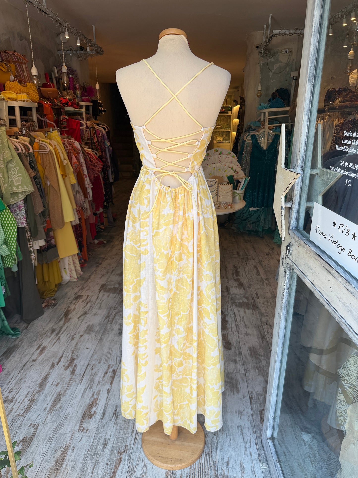 ABITO LUNGO BIANCO E GIALLO RETRO INCROCIATO