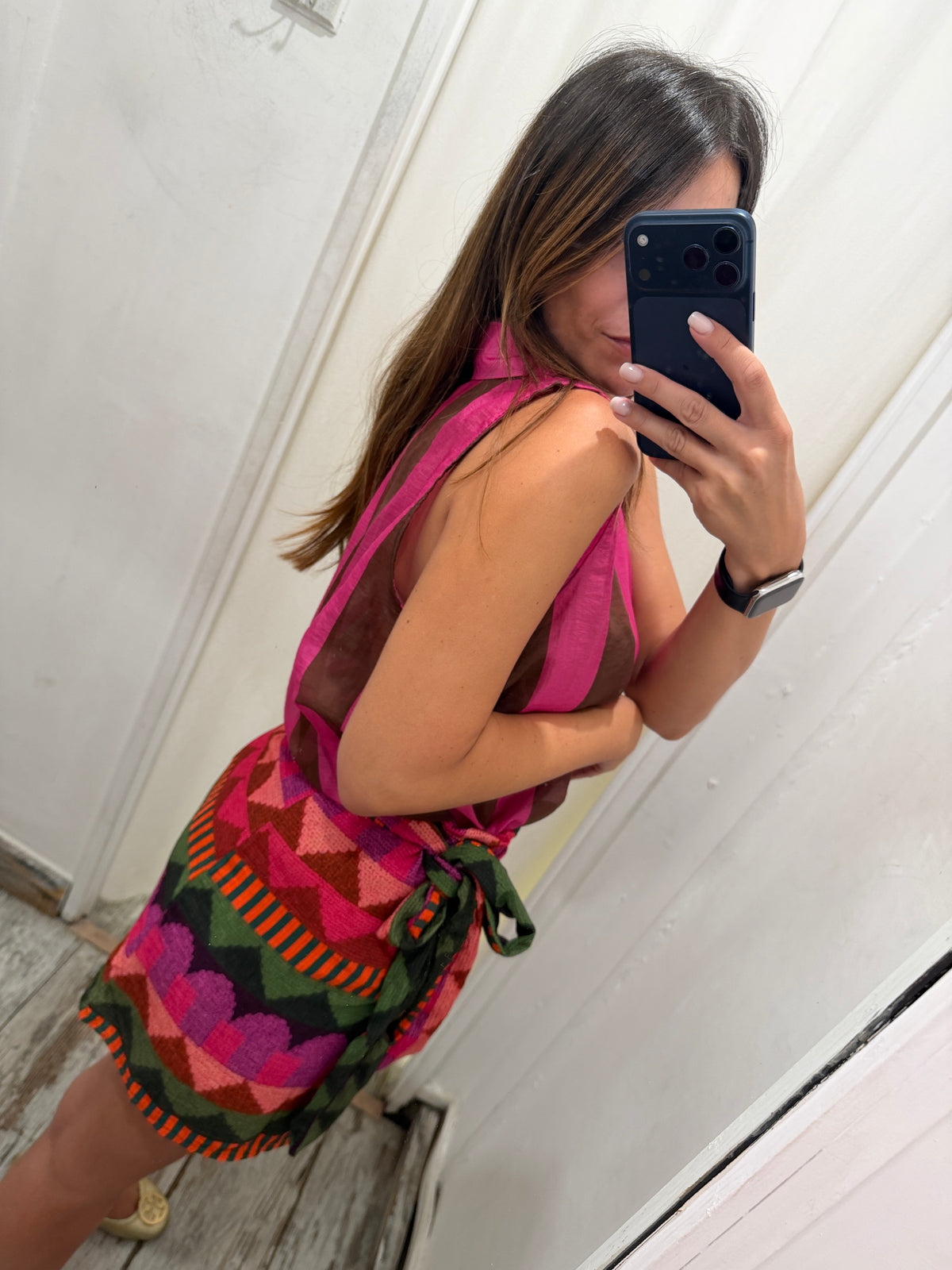 CAMICIA VELATA A RIGHE FUCSIA E MARRONE