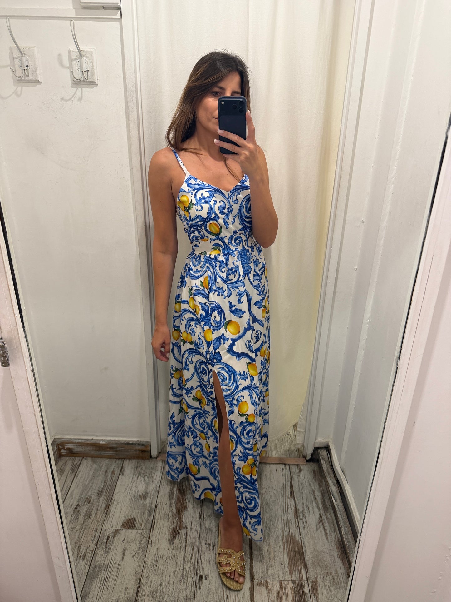 ABITO LUNGO CAPRI FANTASIA BIANCO E AZZURRO CON LIMONI