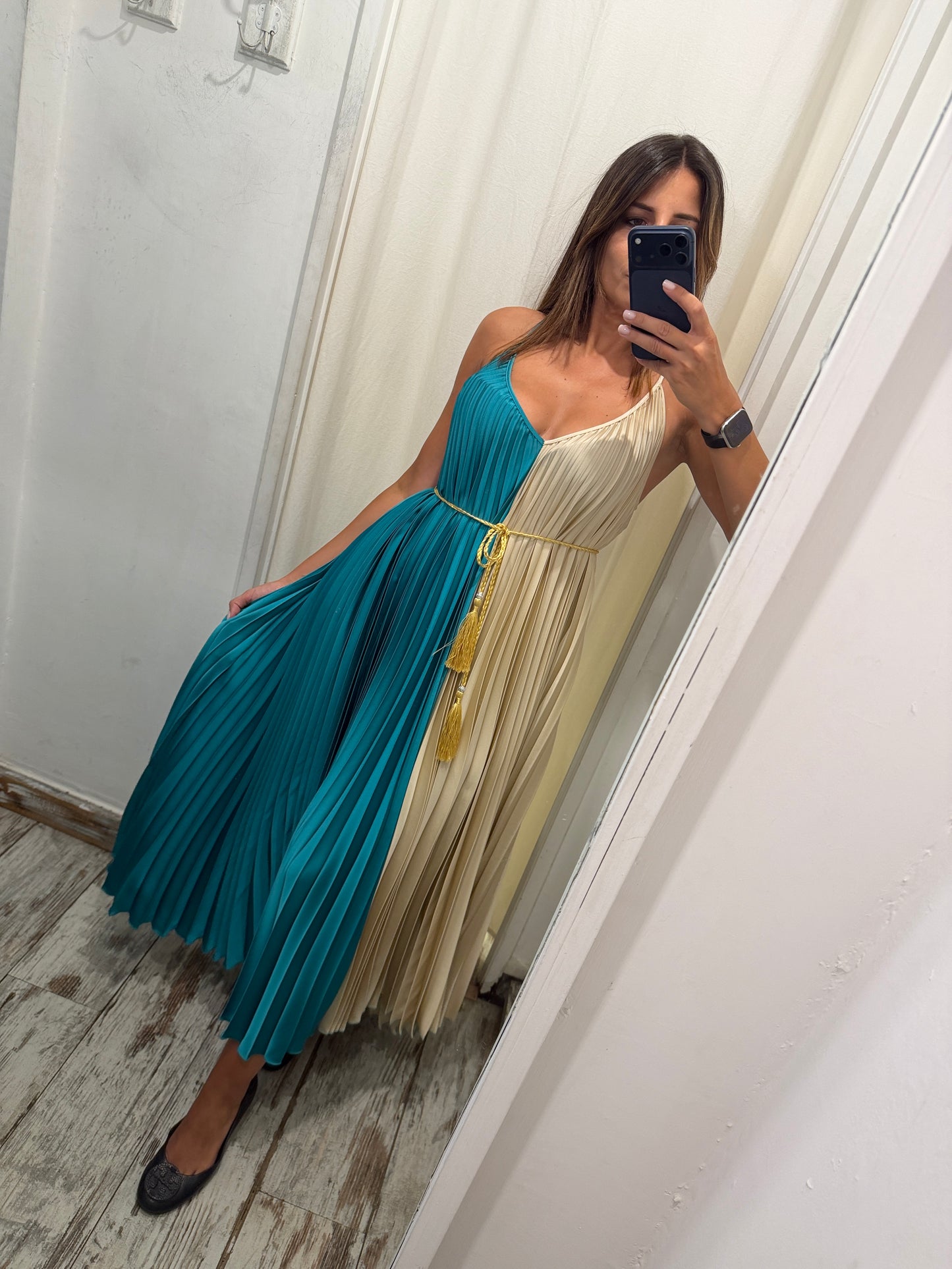ABITO LUNGO MAELI BEIGE E PETROLIO