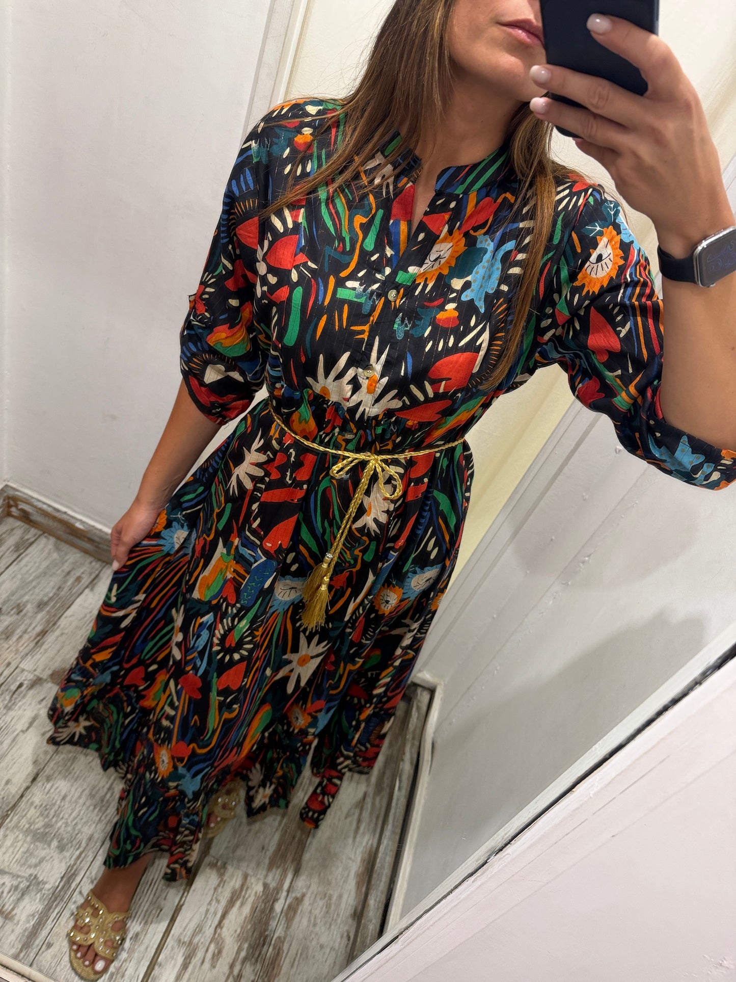 ABITO COTONE NERO MULTICOLORE
