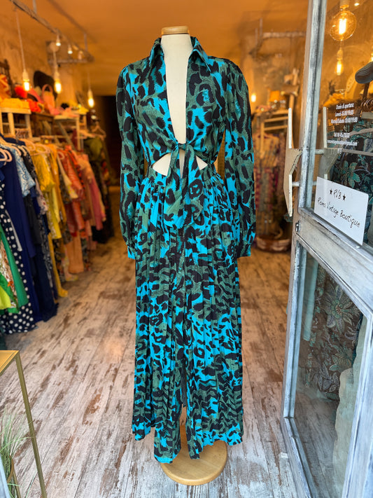 ABITO LUNGO CUT OUT ANIMALIER TURCHESE