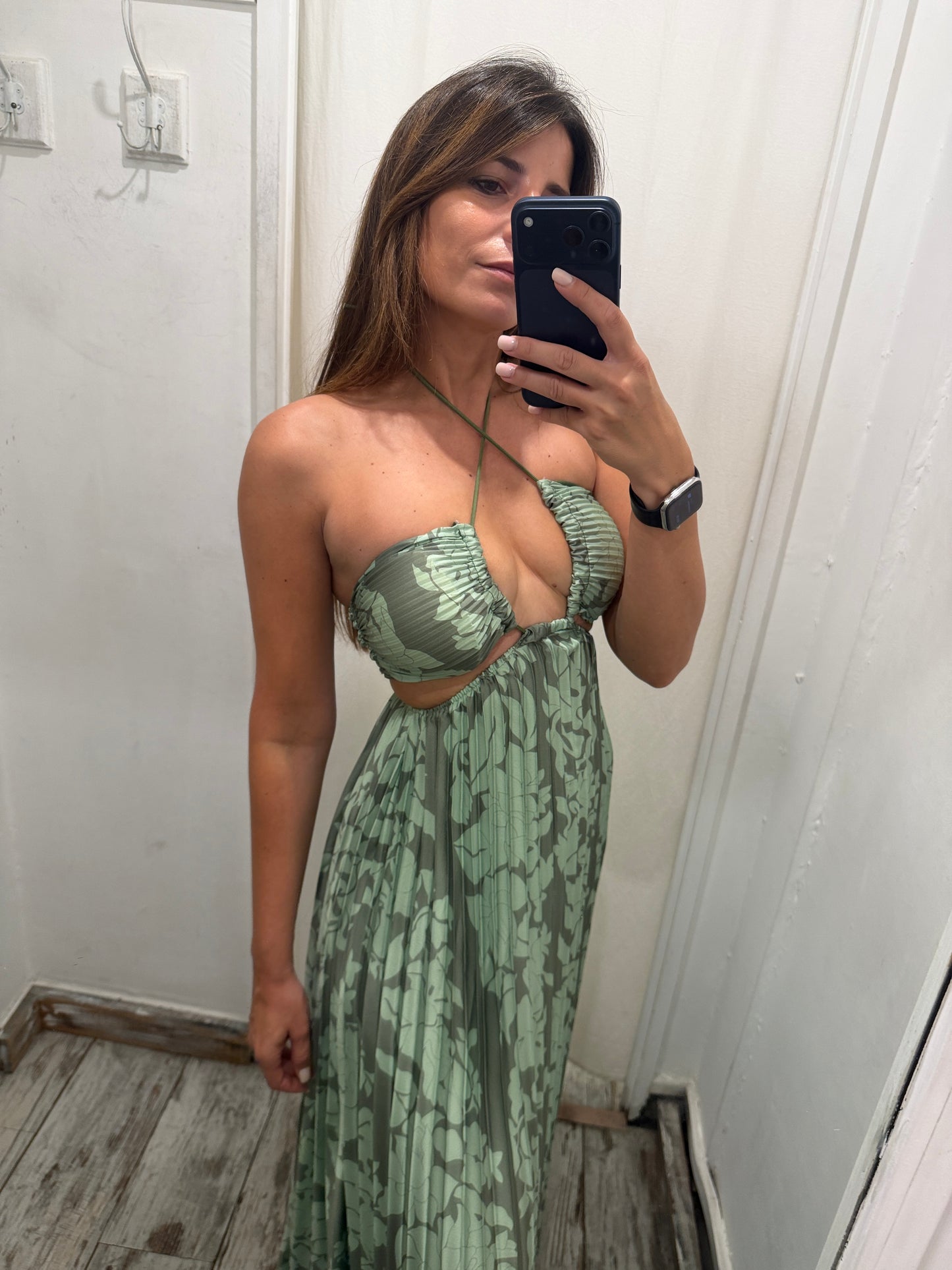 ABITO CUT OUT VERDE MILITARE PLISSÈ