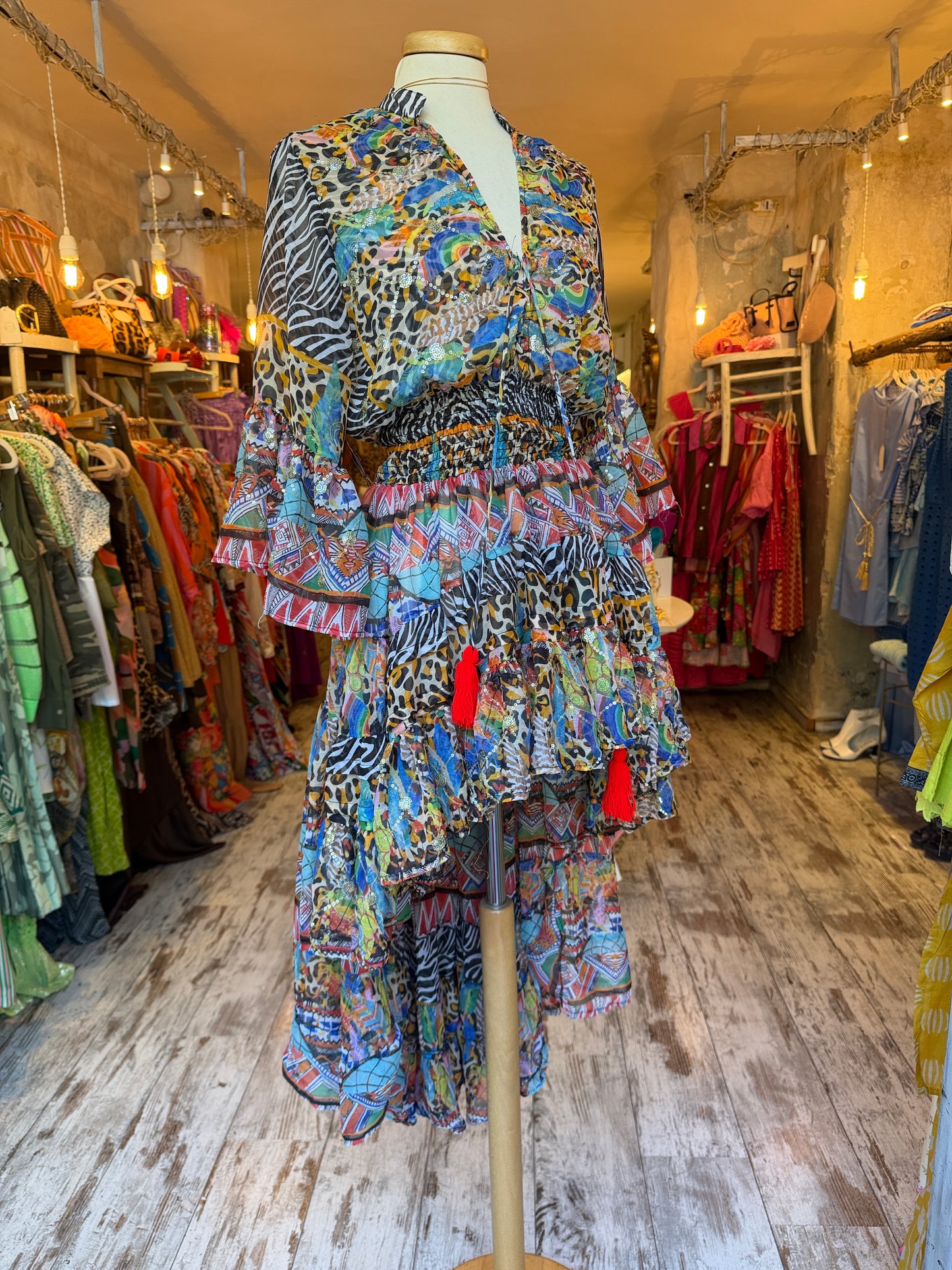 ABITO ANTICA SARTORIA ASIMMETRICO ANIMALIER MULTICOLORE