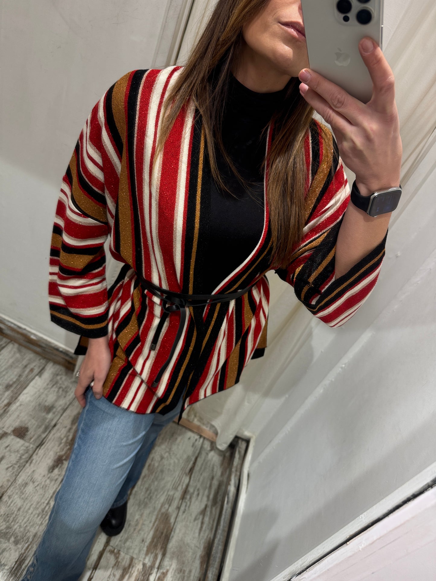 NEW COLLECTION - CARDIGAN KAOS RIGHE ROSSO NERO PANNA E BRONZO
